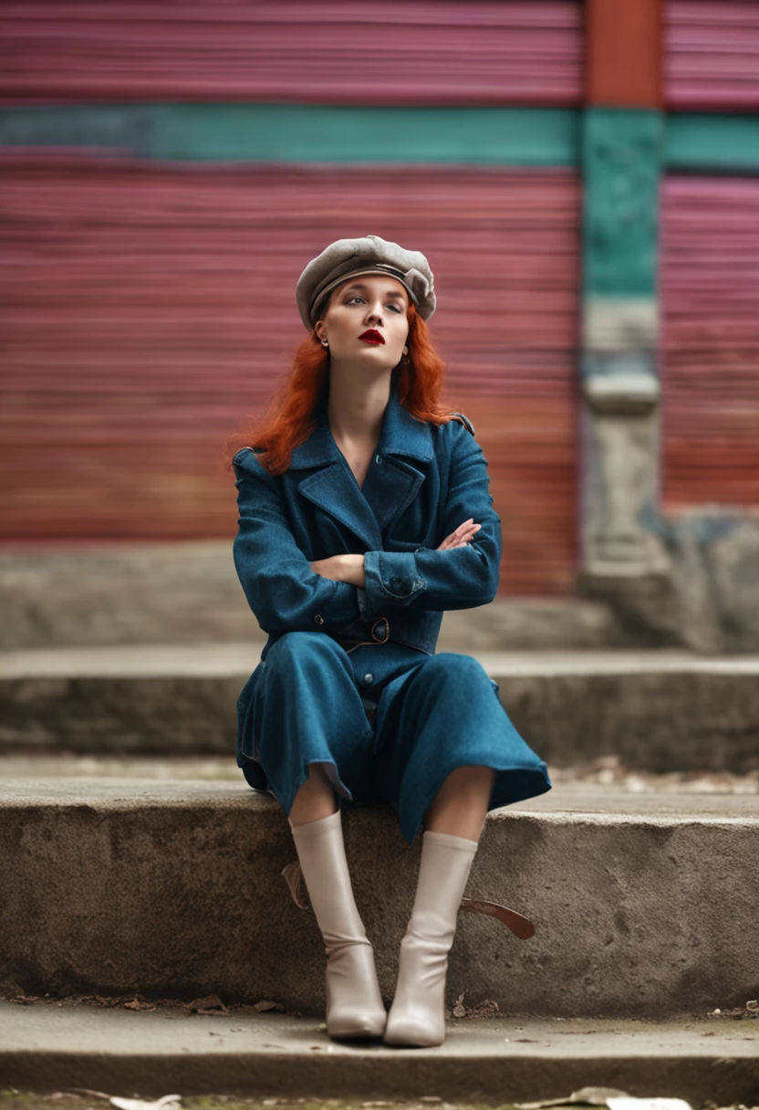 redhead, there is a young girl sitting on the ground wearing a hat, as fashion editorial 90s, photoshoot for vogue magazine, perfectly poised, wearing a french beret, official vogue editorial, comme des garcon campaign, poised, , edited, wearing a chocker and cute hat