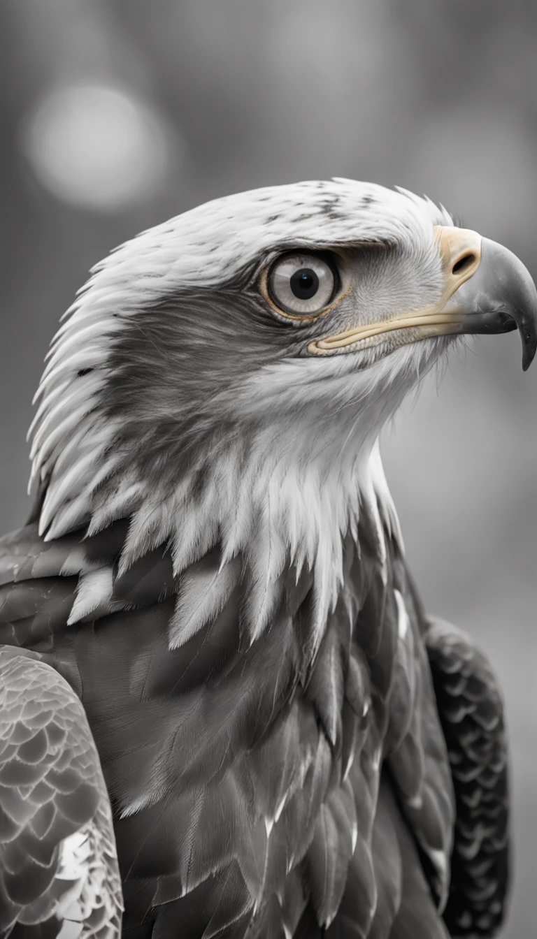 8k images of eagle face, black and white with blue eyes, vertical frame