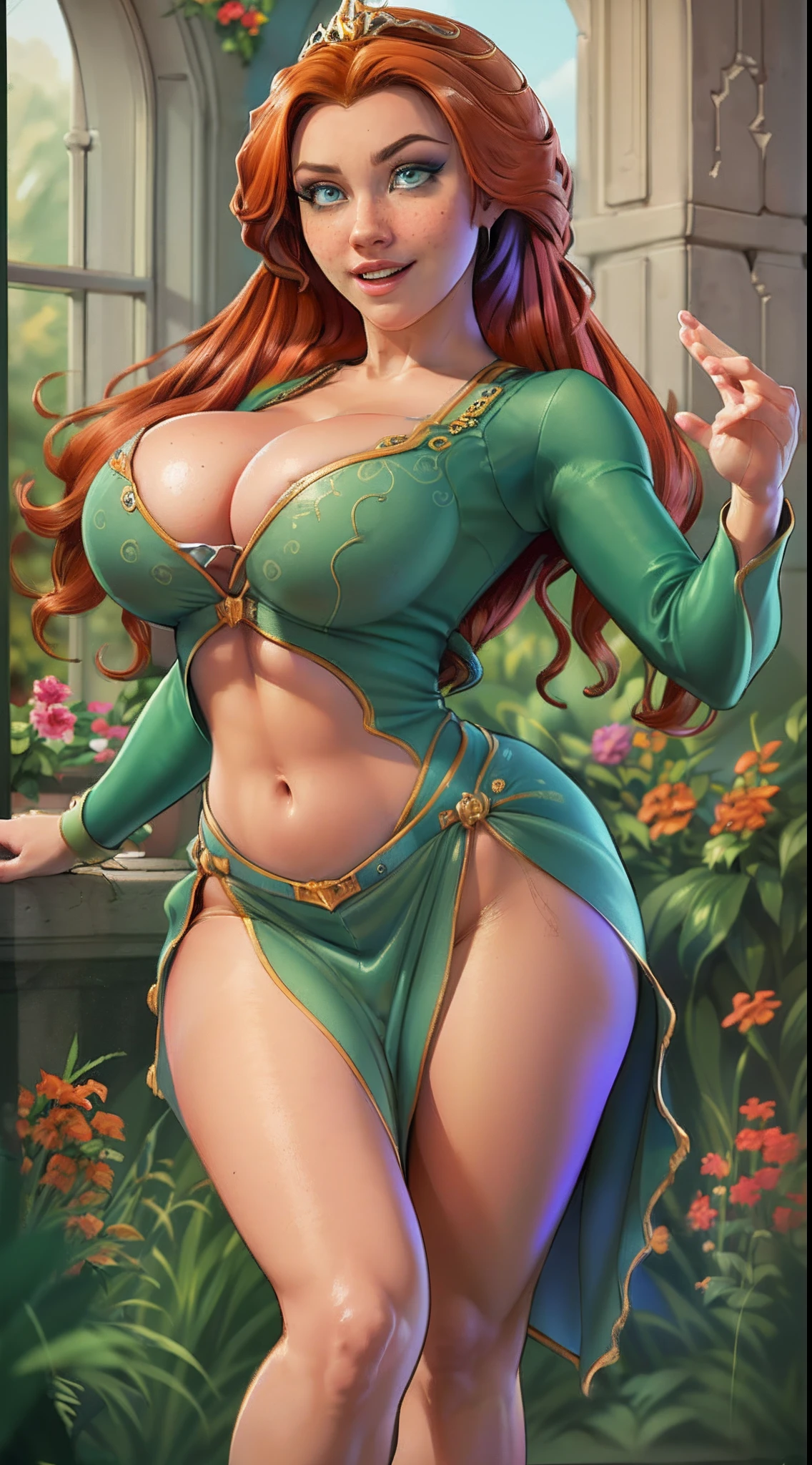 (FionaWaifu:1), 1girl, cute, cute pose, (long hair, tiara, red hair, braid, blue eyes, freckles, makeup), (green dress:1), curvy, looking at viewer, smile, :D, breast focus, leaning forward,
(detailed ladscape, castle, kingdom, big window, sky, flowers:1.2), (background:1), (dynamic_angle:1.2), (dynamic_pose:1.2), (rule of third_composition:1.3), (dynamic_perspective:1.2), (dynamic_Line_of_action:1.2), solo, wide shot,
(masterpiece:1.2), (best quality, highest quality), (ultra detailed), (8k, 4k, intricate), (full-body-shot:1), (Cowboy-shot:1.2), (50mm), (highly detailed:1.2),(detailed face:1.2), detailed_eyes,(gradients),(ambient light:1.3),(cinematic composition:1.3),(HDR:1),Accent Lighting,extremely detailed,original, highres,(perfect_anatomy:1.2), full body view, no underwear, Big breasts