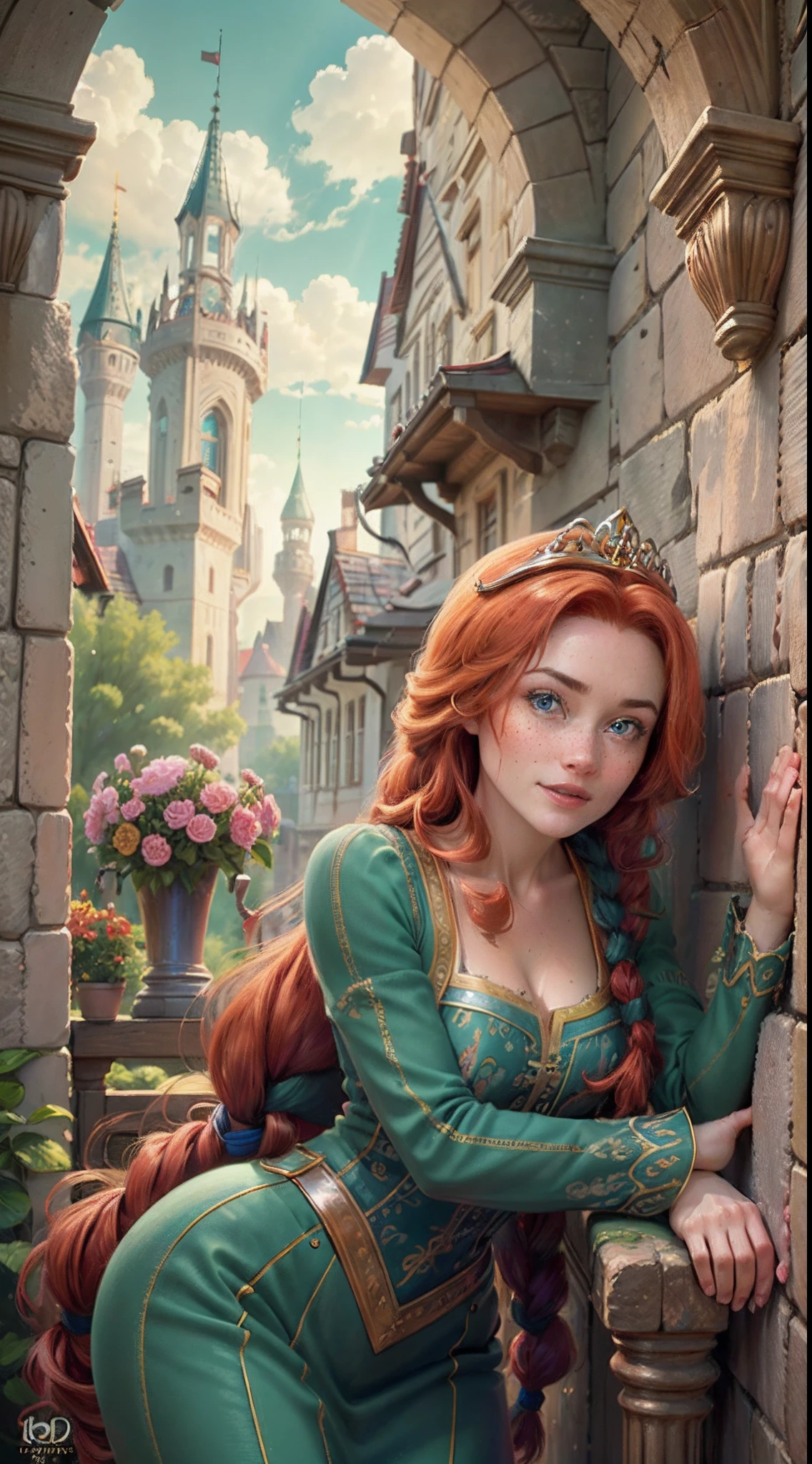 (FionaWaifu:1), 1girl, cute, cute pose, (long hair, tiara, red hair, braid, blue eyes, freckles, makeup), (green dress:1), curvy, looking at viewer, smile, :D, breast focus, leaning forward,
(detailed ladscape, castle, kingdom, big window, sky, flowers:1.2), (background:1), (dynamic_angle:1.2), (dynamic_pose:1.2), (rule of third_composition:1.3), (dynamic_perspective:1.2), (dynamic_Line_of_action:1.2), solo, wide shot,
(masterpiece:1.2), (best quality, highest quality), (ultra detailed), (8k, 4k, intricate), (full-body-shot:1), (Cowboy-shot:1.2), (50mm), (highly detailed:1.2),(detailed face:1.2), detailed_eyes,(gradients),(ambient light:1.3),(cinematic composition:1.3),(HDR:1),Accent Lighting,extremely detailed,original, highres,(perfect_anatomy:1.2),