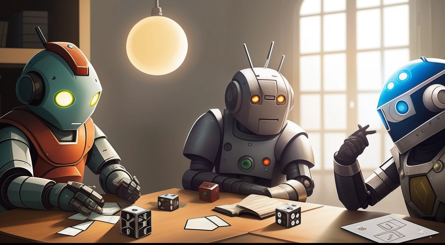 make a picture of a sympathetic robot and a human playing tabletop RPG, Sentados um de rente para o outro , The human is rolling the dice, ambiente aconchegante, muito livros, rico em detalhes, colorido, vibrante, amazing lighting, estilo estudio ghibli, robo fofo