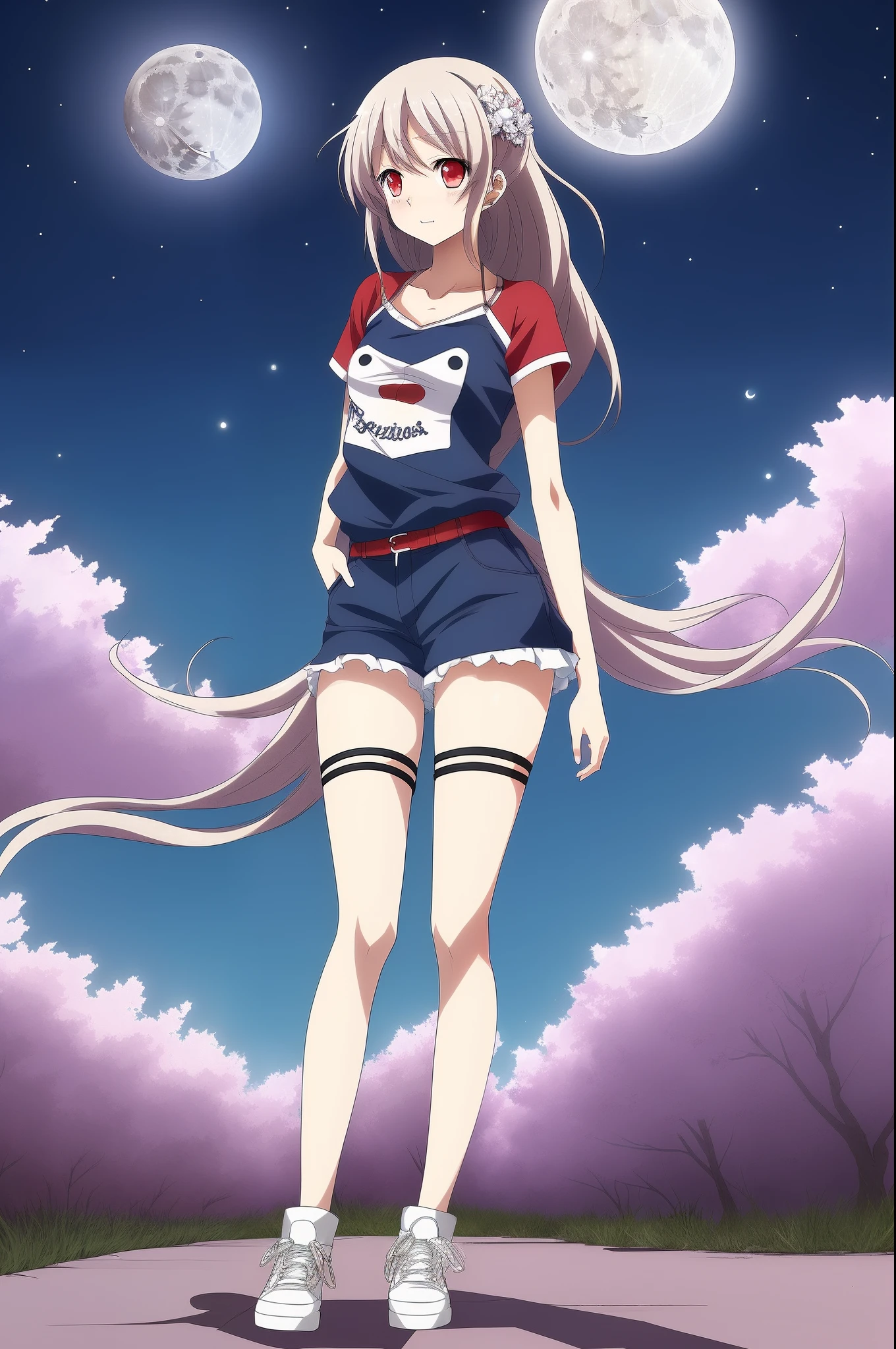 anime girl, full length, white curly hair of medium length, red-eyes, Full Moon Background, Short shorts, white tshirt