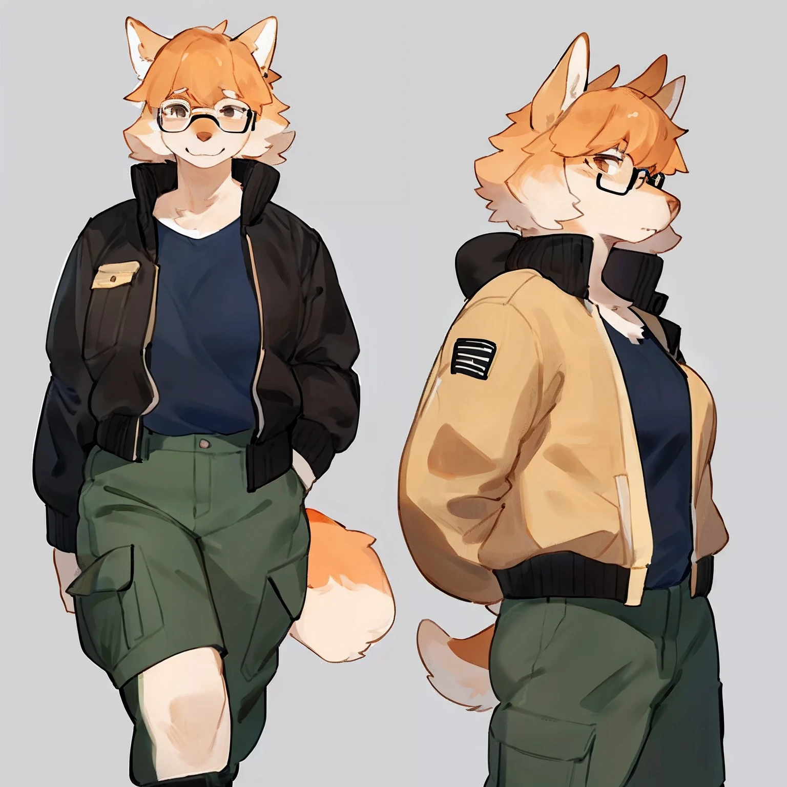by bebebebebe, by goonie-san, by bigcozyorca, by buta99, solo, female, standing, canine, ((hair, snout)), tail, high-waisted cargo pants, zipped up bomber jacket, glasses, hands behind back,
