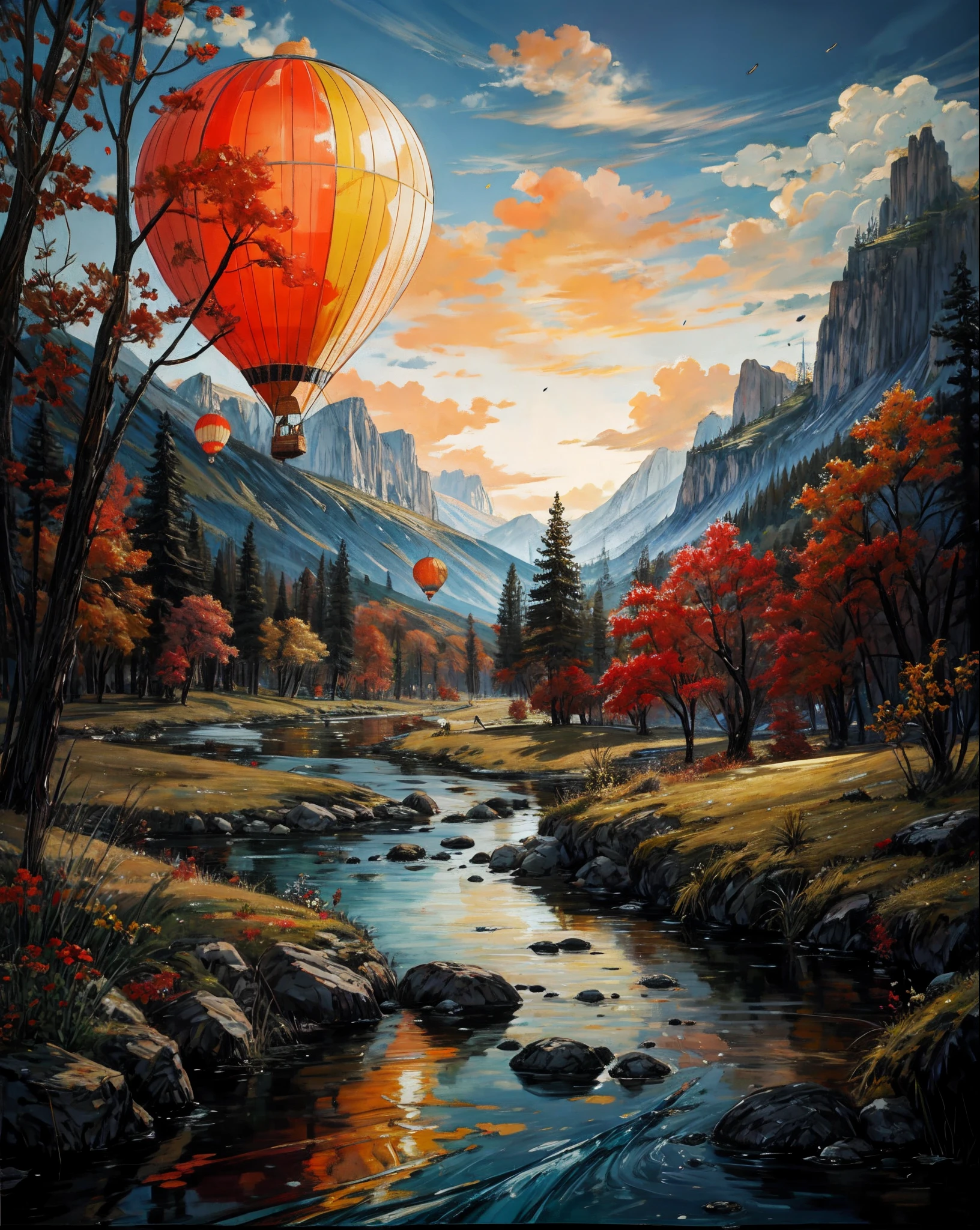 painting of a stream with hot air balloons flying over it, detailed painting 4 k, beautiful art uhd 4 k, scenery art detailed, scenery artwork, masterpiece work of art, breathtaking masterpiece of art, stunning art style, rich picturesque colors, highly detailed 4 k painting, by andrey ryabovichev, highly detailed digital painting, detailed 4 k oil painting