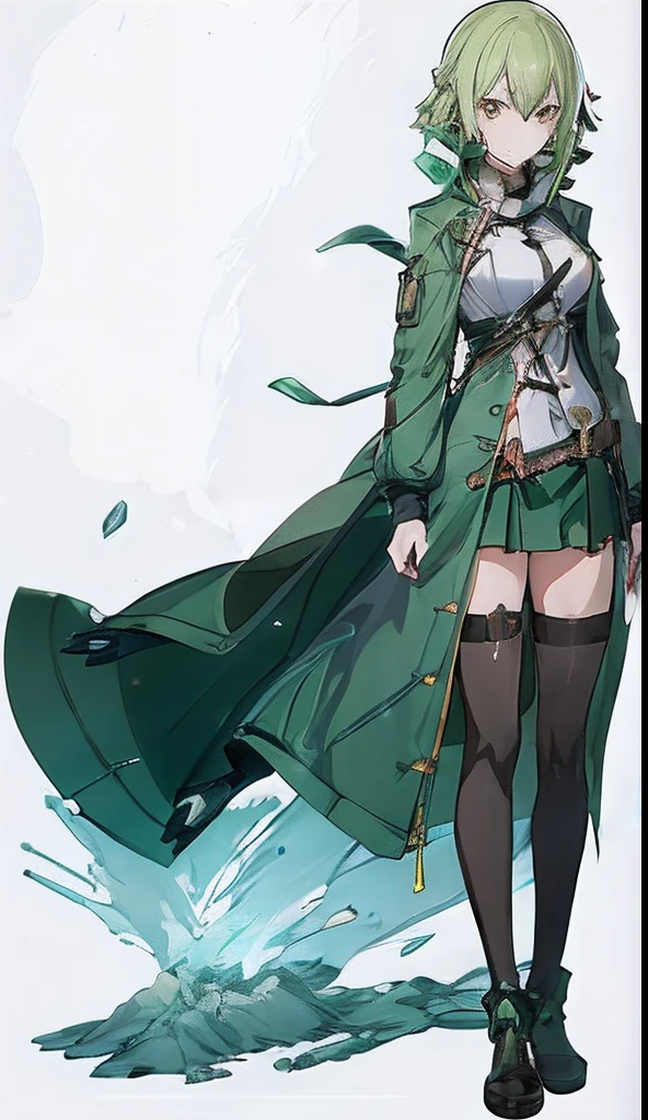 Personaje de anime con un abrigo verde y una camisa blanca, Rogue anime girl, Cushart Krenz Key Art Femenino, Arte detallado del personaje de anime, Tendencias en ArtStation Pixiv, De Girls Frontline, Personaje femenino de anime ryuu, girl front line style, Arte de personajes de anime, Cushart Kenz, Full body anime illustration, highly detailed character design, anime character design, female action anime girl