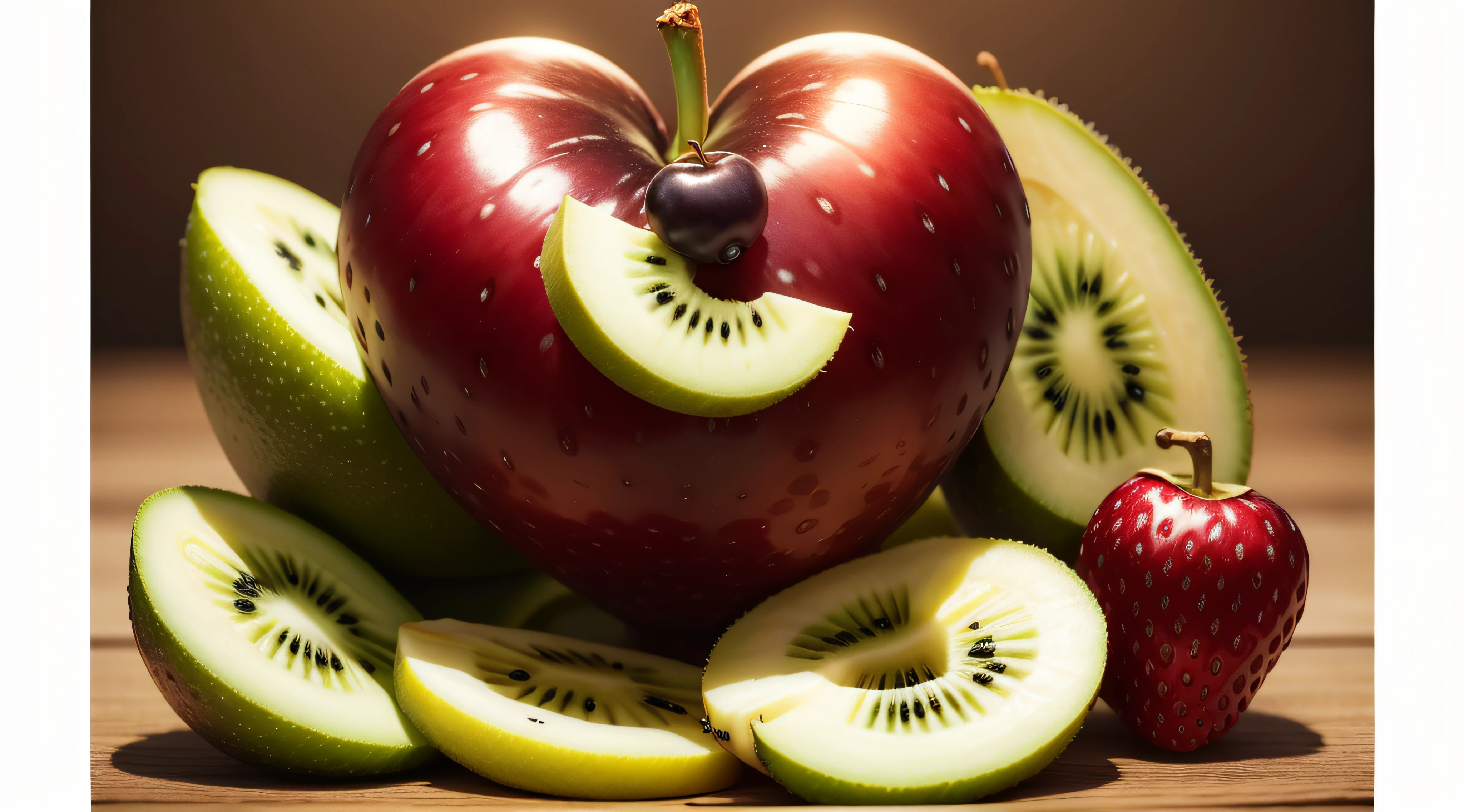 variedades de frutas, banana, kiwi, heart-shaped grape, 4k detalhado