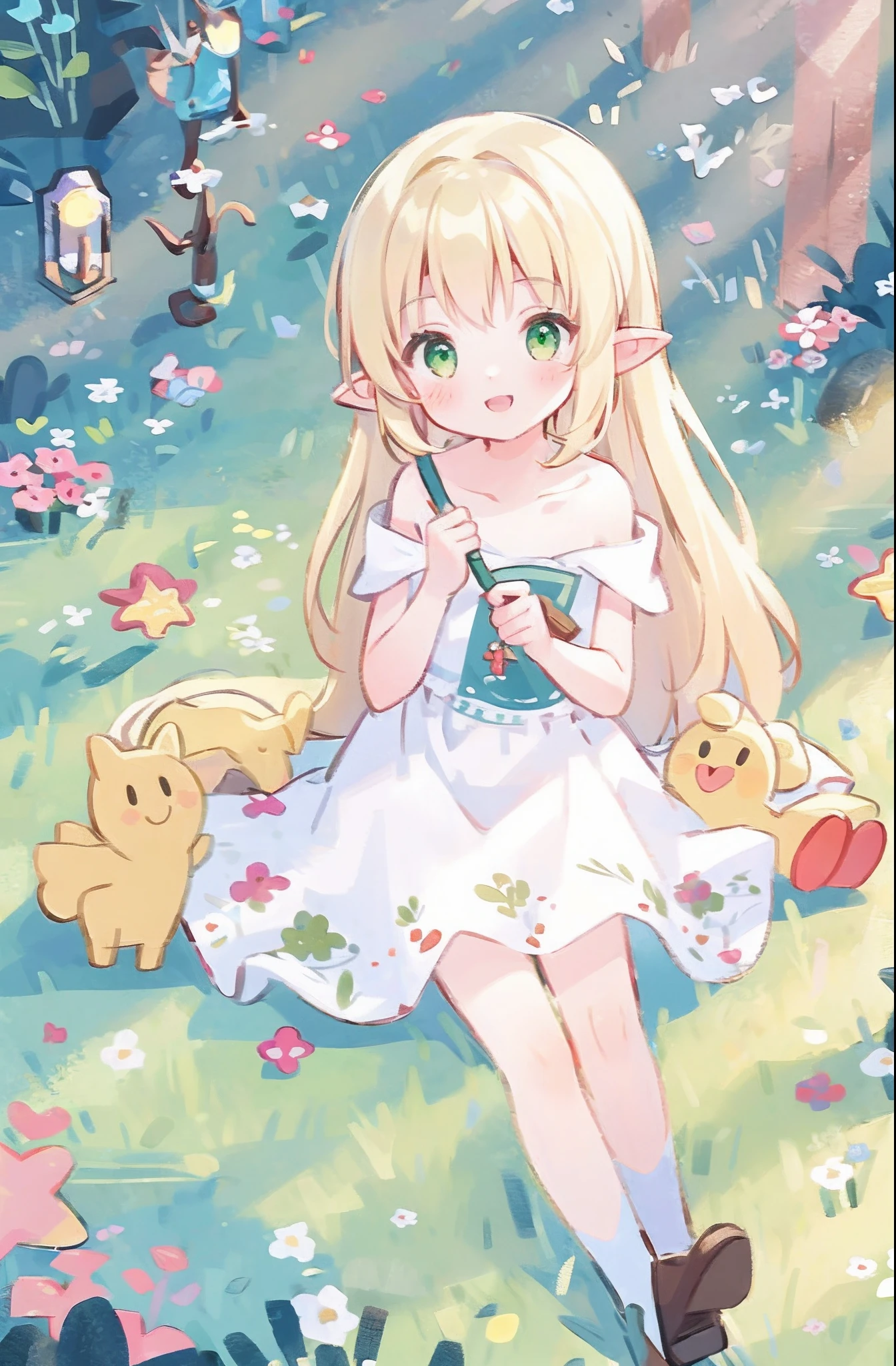 Masterpiece, best quality, illustration, colorful, landscape, fantasy, forest, 1girl, girly, face focus, skinny, bare shoulders, clavicle, detailed golden long hair, green eyes, pointy ears, holy smile , wreath, white dress, holy light, forest, sea of trees, flowers, sitting on the ground