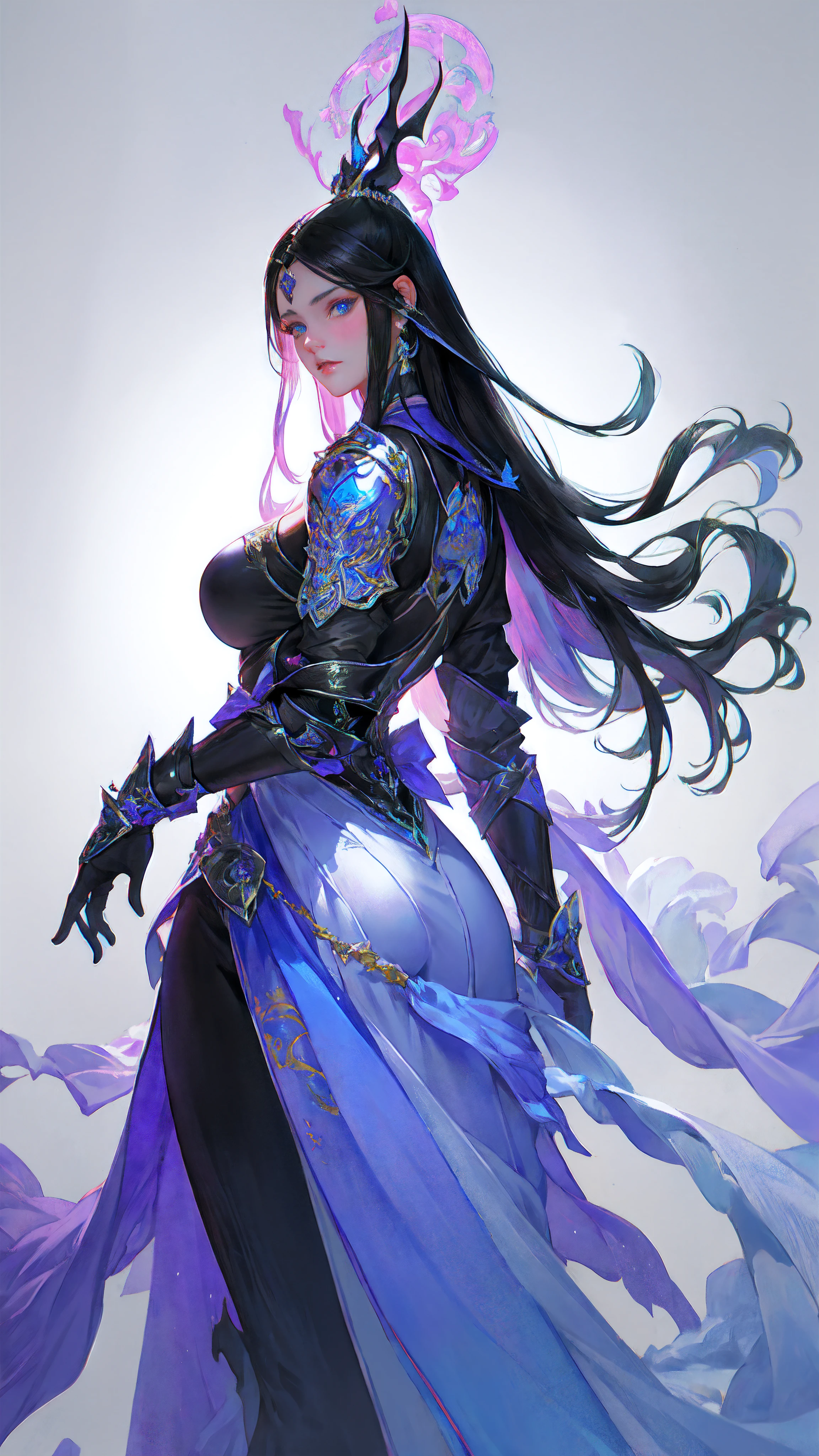 1girl, depth of field, official art, unity 8k wallpaper, ultra detailed, illustration, beautiful and aesthetic, masterpiece, best quality, knight, (big breasts), (milf, mature female), (black armor, armor, breastplate), beautiful face, (long hair, black hair, very straight hair:1.4, hime cut:1.4), blue eyes, cowboy shot, glowing skin, back lighting, athletic figure, muscular female, curvy, wide hips, colorful, looking at viewer, Hyperrealistic, gradient background, dark background, outline, fantasy, from the front, watercolor, traditional media, (chromatic aberration, intricate details)