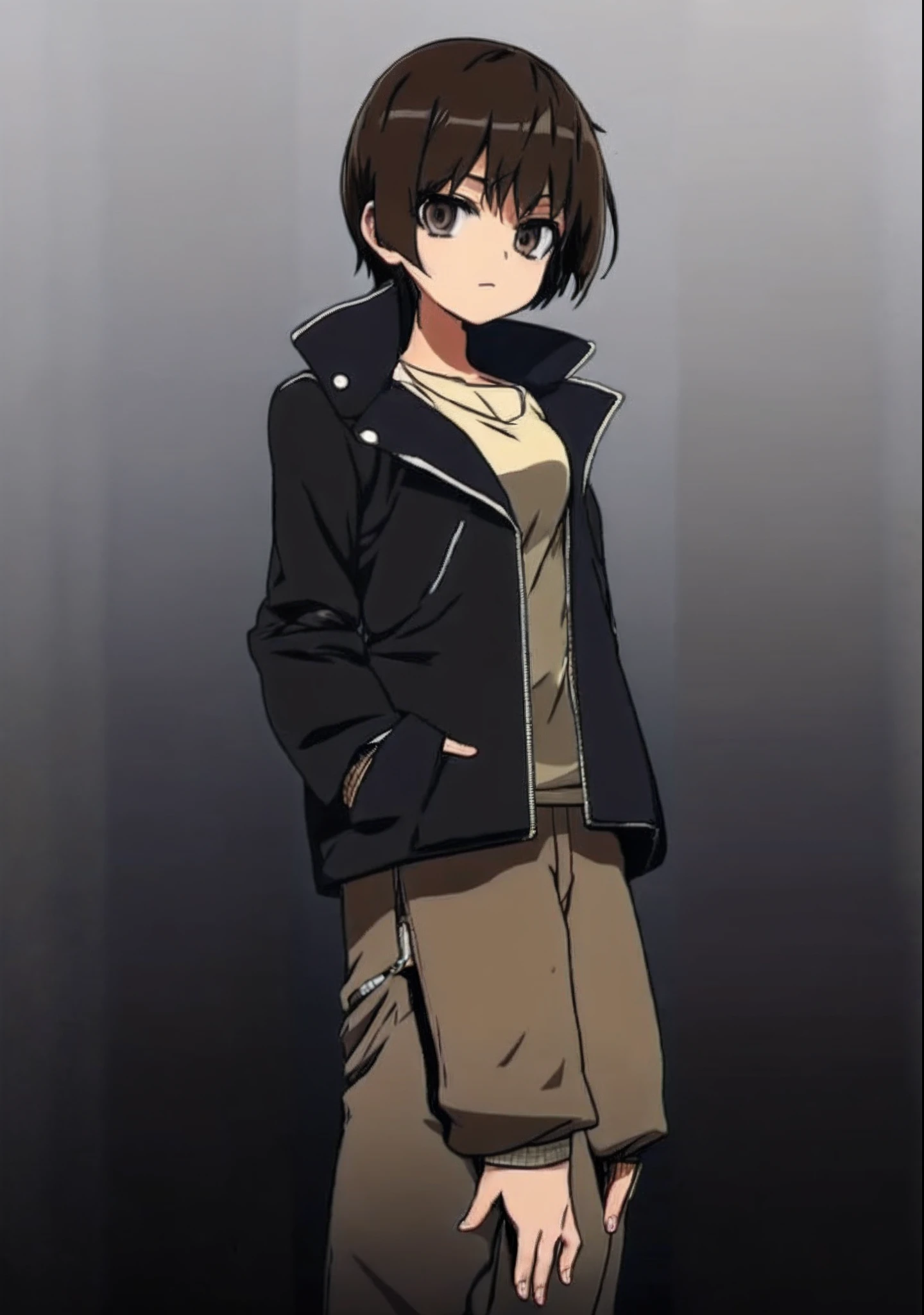 Anime girl in a black jacket and brown pants standing in front of a gray background, young anime girl, girl of medium height with light brown eyes