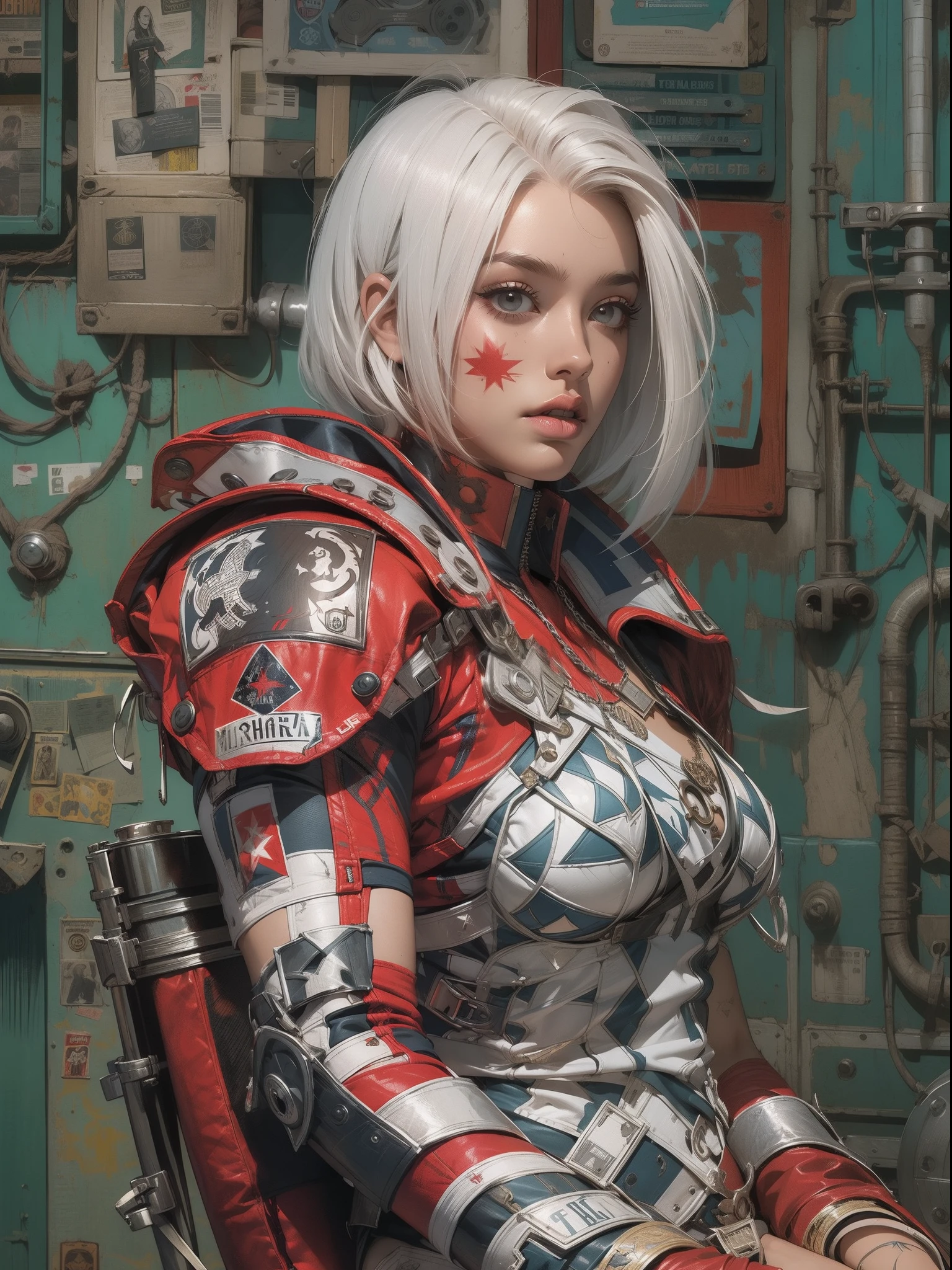 (((mulher))), (((melhor qualidade))), (((obra prima))), (((adulto))), (((1girl))), ((( corte de cabelo bob ))), Uma gladiadora cyberpunk mulher de 25 anos com corpo perfeito, shoulder pads with metal spines, Gladiadores do Brooklyn, (( corte de cabelo bob )), tiny leather panties, camiseta de time de rugby rasgada, quase nua no estilo selvagem urbano de Simon Bisley para a capa da revista Heavy Metal, Cabelo loiro curto, Minimum clothing, Metal protection on the left arm with intricate graphics, Dark red with white stars and white and navy blue checkerboard pattern, armadura, cheio de pontas e rebites, (((do joelho pra cima))), cabelos loiro branco curto, no fundo uma parede pintada por Shepard Fairey com um design intrincado