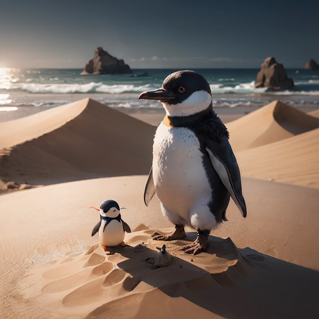 There is a little penguin standing in the sand. Anthomorphic penguin knight. Penguin warrior. Penguin concept art.