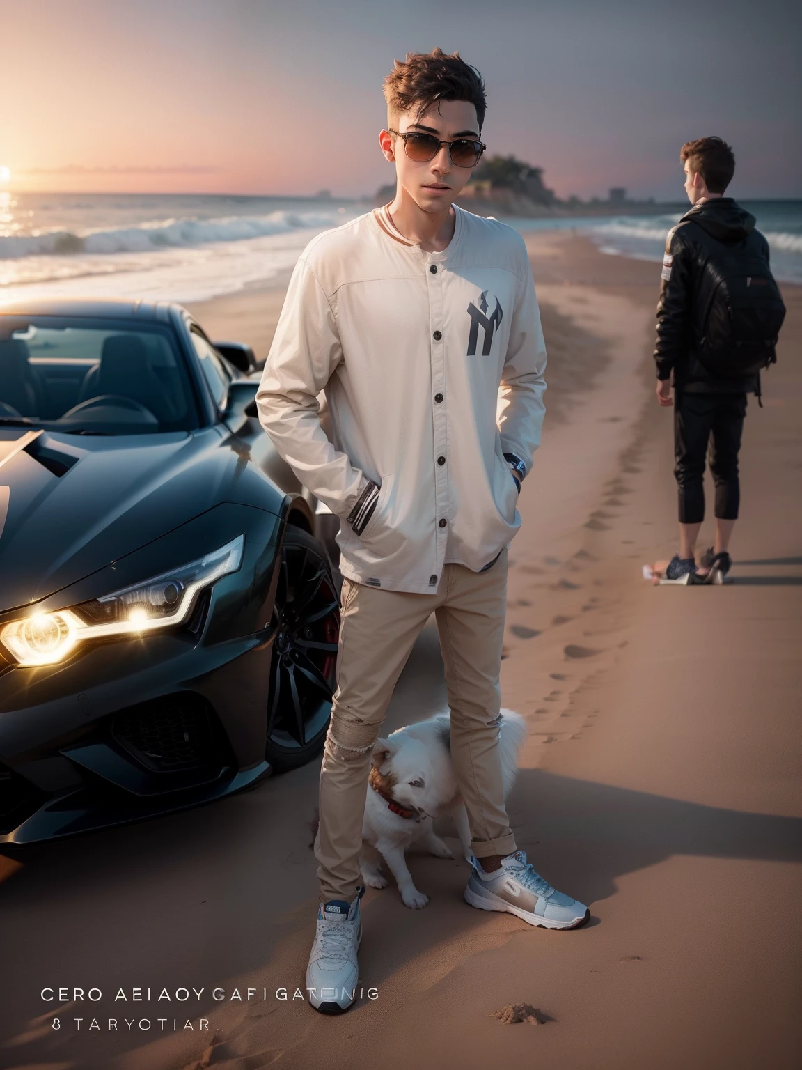 Change this background beach , realistic face,8k, ultra graphics, a boy , behind sport car , evening time , a dog sitting near that boy ,