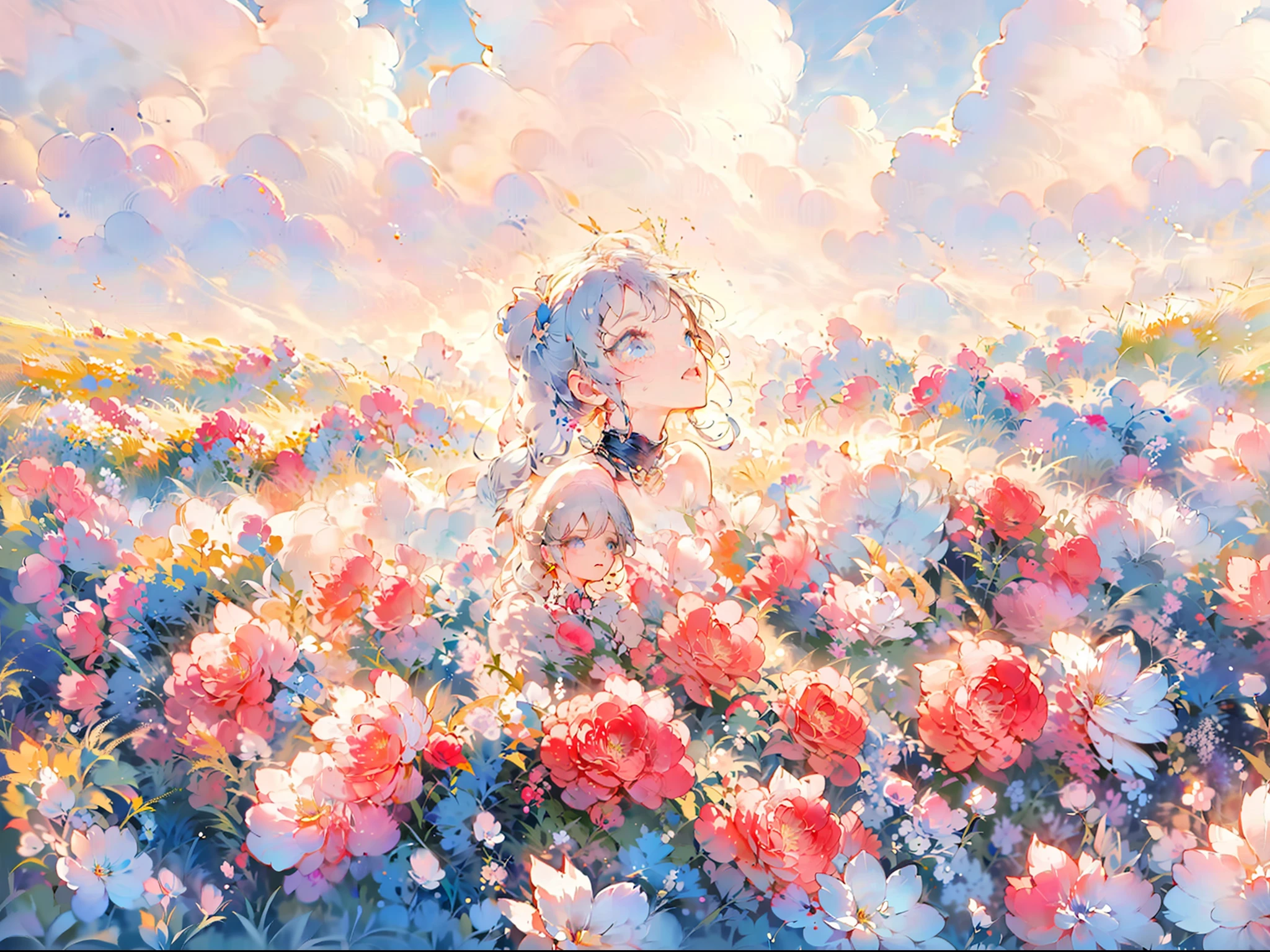 Holographic long haired anime girl,golden curly long hair, shining blue eye,white haired deity, ultra detailed, painting between of flower field ,beautiful anime goddess,goddess of rainbow,goddess of colour, anime fantasy girl,cute blue dress,cute anime waifu in cute dress,beautiful and delicate, anime fantasy art,anime fantasy background, 8k detailed high quality fantasy artwork, flower field background,clear sky background with rainbow, fantasy artwork, beautiful n delicate, colourful artwork, detailed background,full body,painting pose,holding painting brush