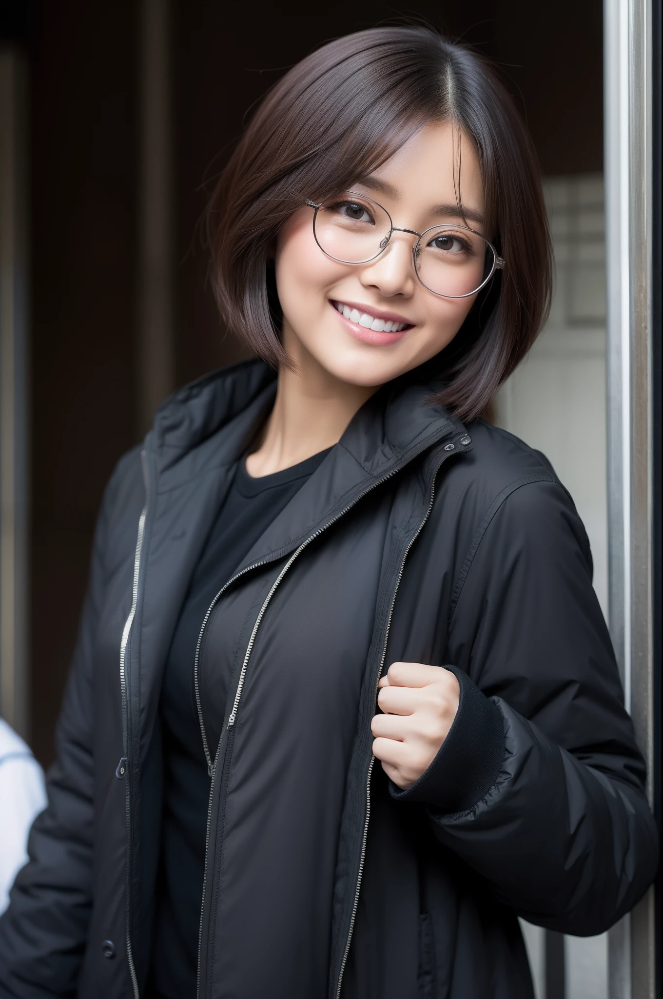 Within Tokyo、In the street、short-hair、On the way to muscle training、Big butt、breasts are large、The line of the buttocks is clearly visible、Jacket is only a spobla、Dark-skinned gal、Nice style、sadistic、A smile、eye glasses、shot with Nikon Z9、Brown hair、Bewitching、a beauty girl、eyes large、