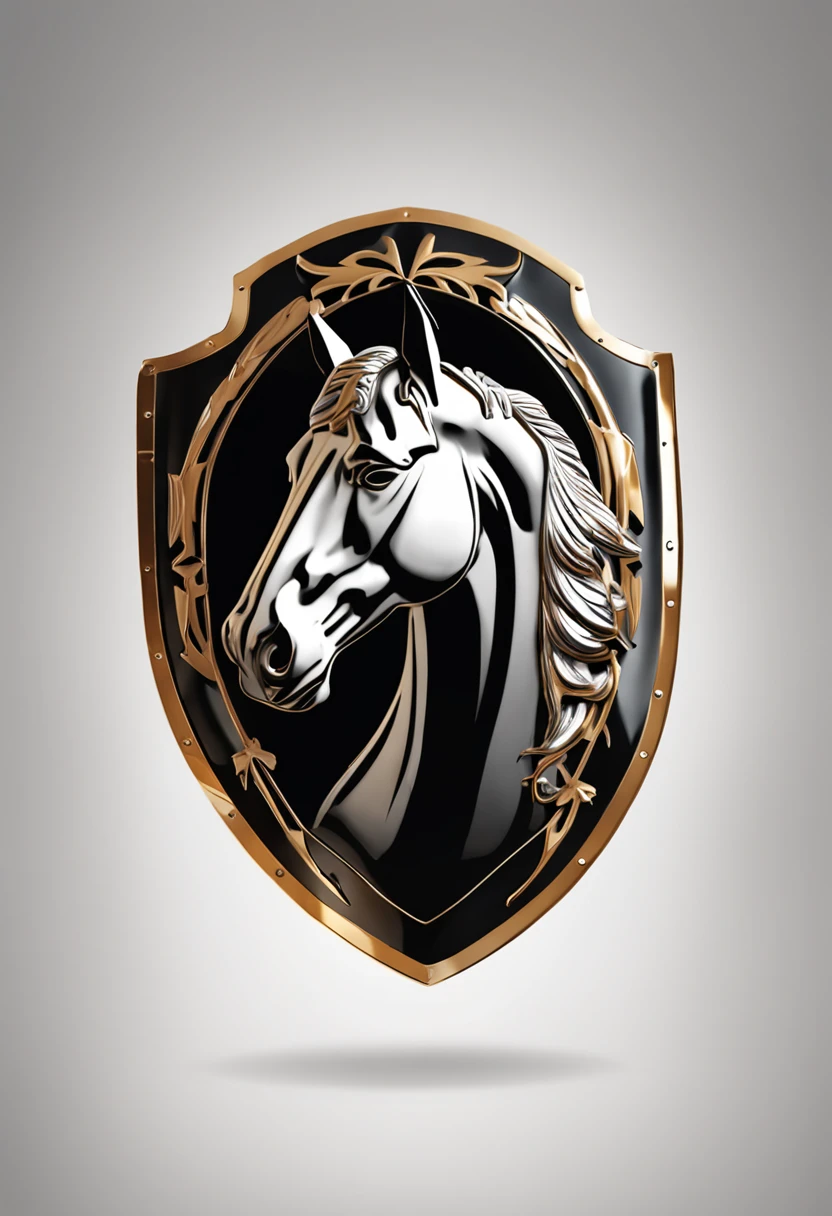 "Stylized equine head emblem on a sleek black shield, contrasting against a pristine white backdrop, exuding a polished and professional aesthetic."
