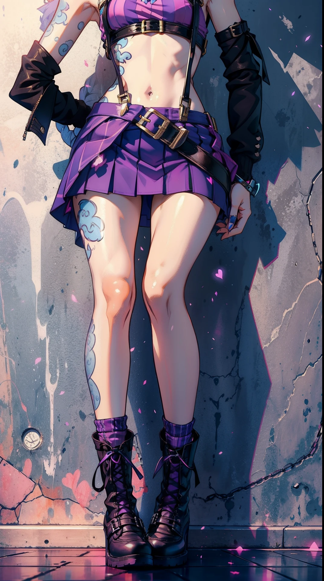 Jinx a les cheveux bleus et les yeux verts. She wears a purple top with a pink heart in the center and a short purple skirt with suspenders... She also wears purple and white striped socks and black boots.. Jinx a des tatouages sur les bras et les jambes, including a heart on his left arm and a skull on his right leg.