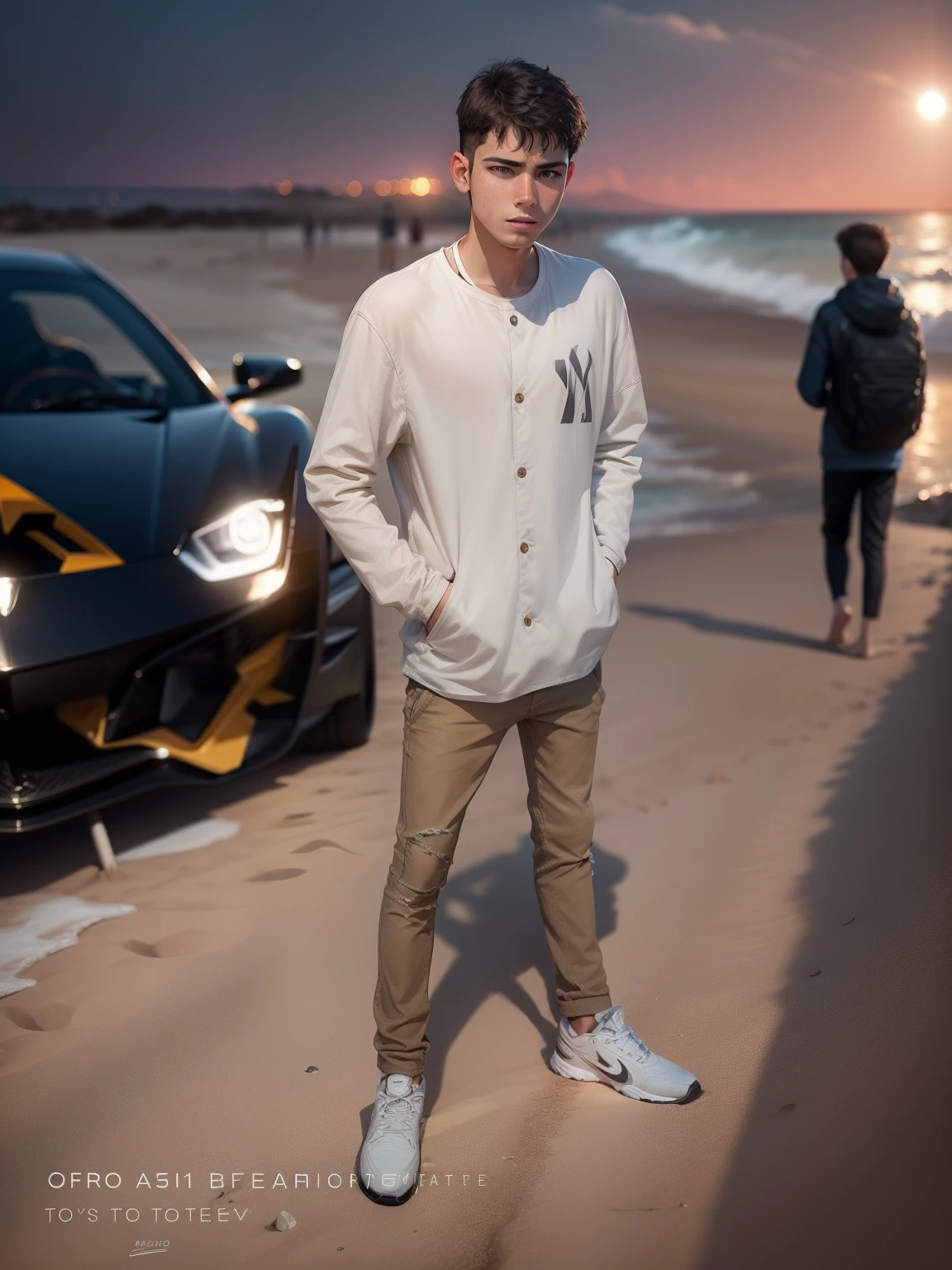 Change this background beach , realistic face,8k, ultra graphics, a boy , behind sport car , evening time , a dog sitting near that boy ,