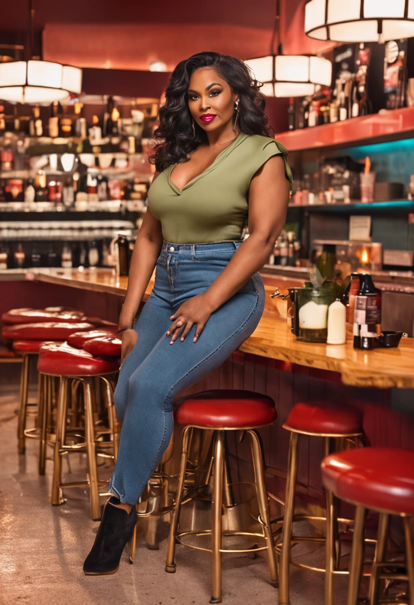 arafed woman in a skirt sitting on a stool in a restaurant, curvy body, photoshoped, influencer, big bust, marischa becker, exaggeratedly large physique, wearing a designer top, dof:-1, cougar, featured, thighs!!!!! gorgeous, designer product, wearing a shirt and a jean, unreal maya