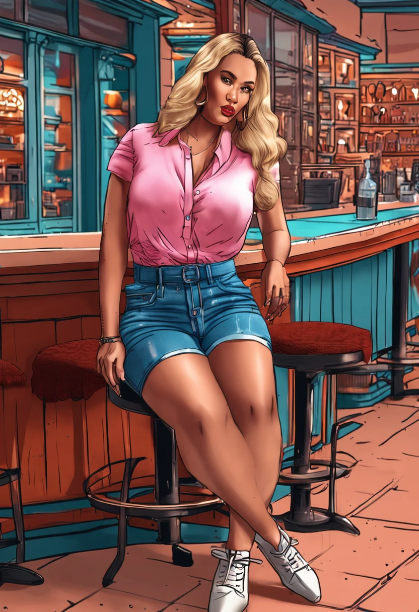 arafed woman in a skirt sitting on a stool in a restaurant, curvy body, photoshoped, influencer, big bust, marischa becker, exaggeratedly large physique, wearing a designer top, dof:-1, cougar, featured, thighs!!!!! gorgeous, designer product, wearing a shirt and a jean, unreal maya