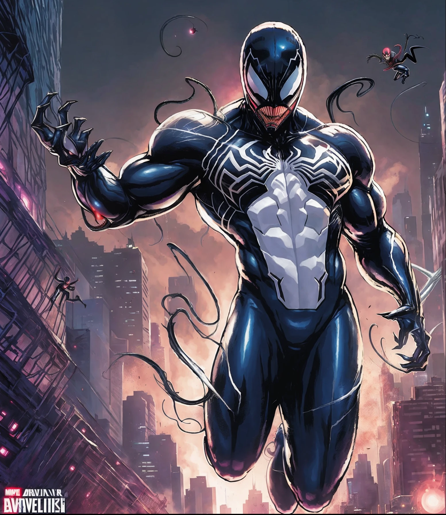 aranha - homem em uma cidade com uma aranha - cara de homem, veneno, Simbionte de veneno, simbionte, veneno, traje de veneno, Venom mergulhando no Homem-Aranha, presas de veneno, inspirado em Mike Deodato, Venomfang, inspirado em Ryan Stegman, carnificina, mistura de veneno e cthulhu, dark supervillain, Six arms, marvelous expression