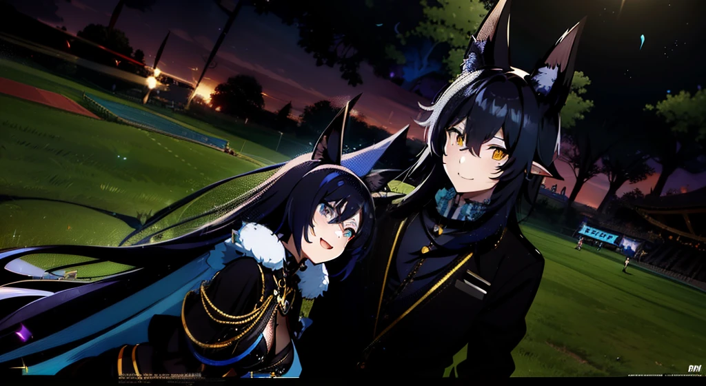 anime characters dressed in black and blue standing in a field, vrchat, hidari and vlop, one blue ) and huge bat ears, nixeu and sakimichan, second life avatar, john egbert, blue and black, with blue skin, sakimichan and frank franzzeta, tumblr, imvu, happy!!!, 8k!!