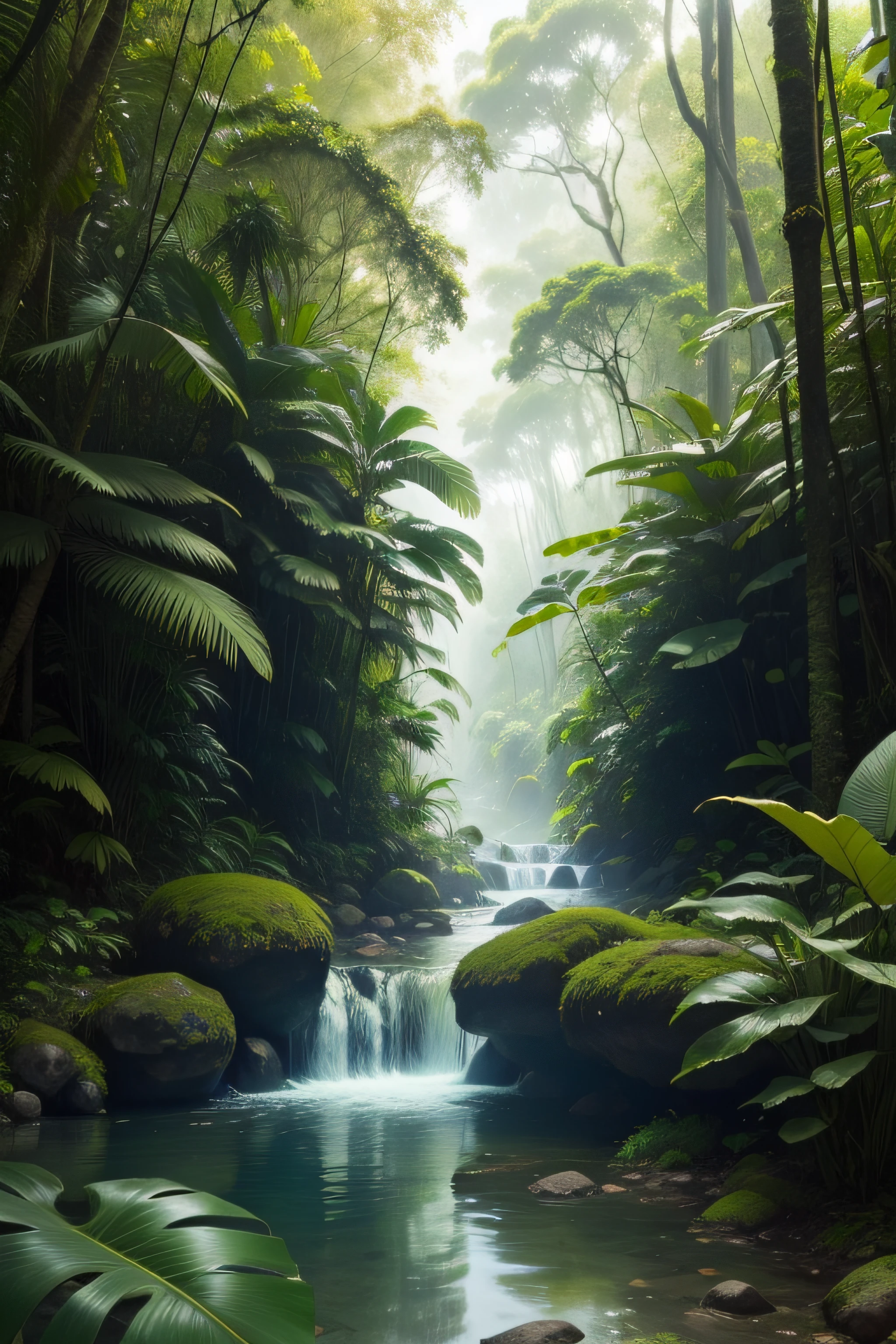 an image of a jungle scene with a stream and trees, paisagem da selva, bela paisagem da selva, Selva como pano de fundo, selva de fundo, Selva bonita, selva de fantasia, fundo da selva, Fundo verde da selva, fundo da floresta tropical, selva densa, natureza da selva, selva tropical, Selva Verde, floresta tropical, floresta profunda no fundo, the background is lush jungle, Floresta, pintura misteriosa da selva