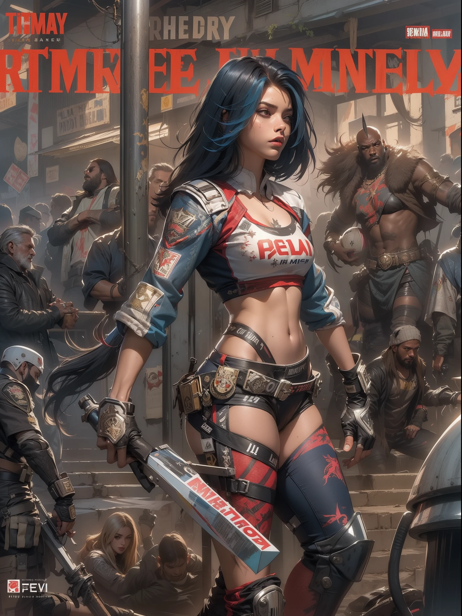 (((mulher))), (((melhor qualidade))), (((obra prima))), (((adulto))), (((1girl))), ((( corte de cabelo bob ))), ((( Latim ))), ((( pele escura ))), Uma gladiadora cyberpunk mulher de 25 anos com corpo perfeito, shoulder pads with metal spines, Gladiadores do Brooklyn, bronzeada (( corte de cabelo bob )), tiny leather panties, camiseta de time de rugby rasgada, quase nua no estilo selvagem urbano de Simon Bisley para a capa da revista Heavy Metal, Cabelo loiro curto, Minimum clothing, Metal protection on the left arm with intricate graphics, faded red with white stars and paisley pattern navy blue and white, armadura pintada com grafismos agressivos, cheio de pontas e rebites, (((do joelho pra cima))), no fundo uma parede pintada por Shepard Fairey com um design intrincado