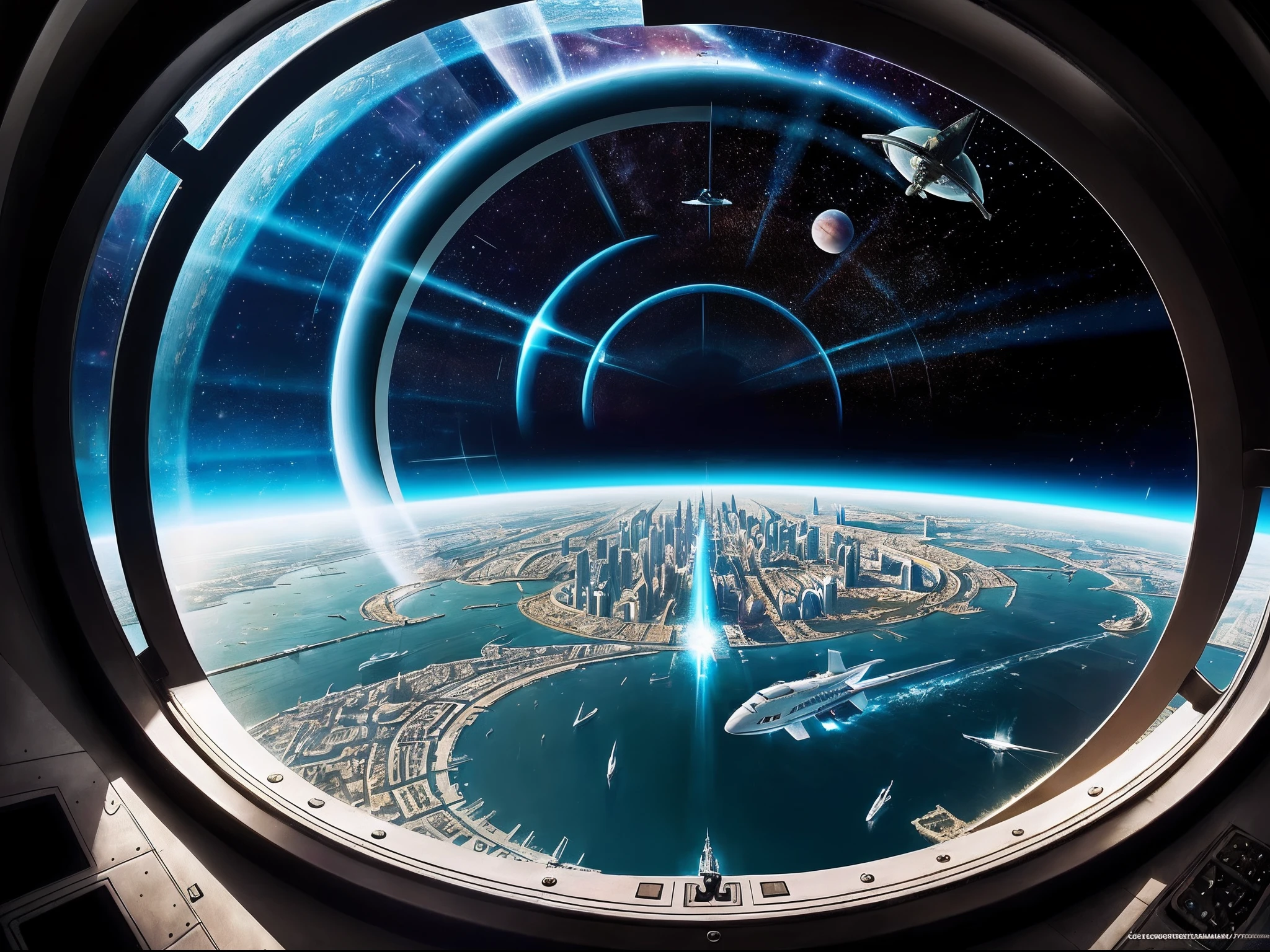 (Best Quality, tmasterpiece:1,1), Fantastic view of the alien city, through the semicircular large-format porthole of the spacecraft cockpit, ((Стиль Barclay-Shaw)), the golden ratio, Detailed Illustration, grotesque, Complicated details, chilling, (aesthetics), excitement, Hyper-realistic, insanely detailed,