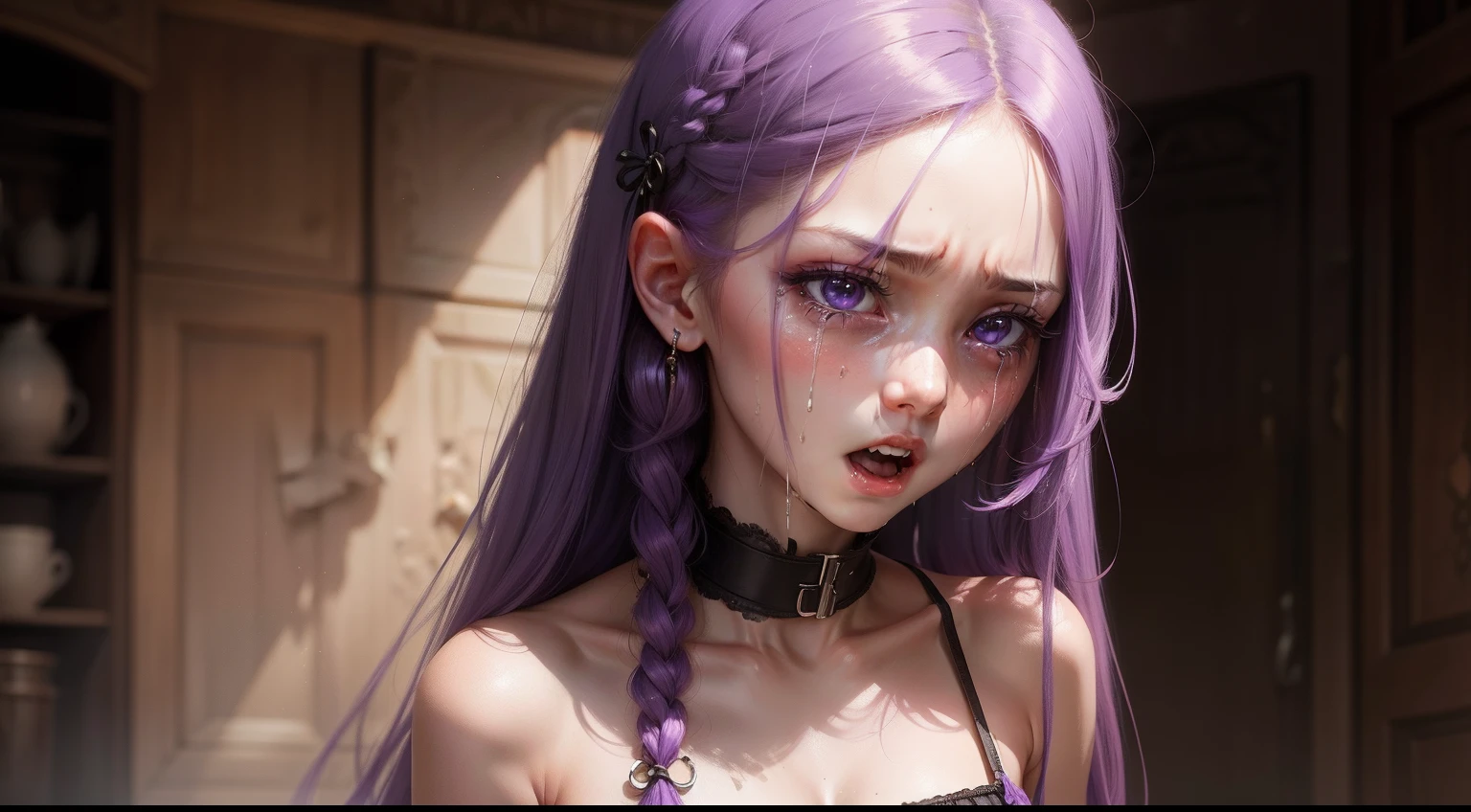 Girl with long purple hair, Slim, pretty, little chest, slavegirl, crying, open mouth