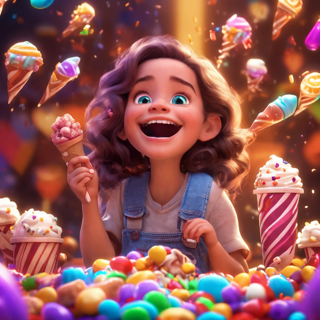cute, adorable, smiling girl eating ice cream, candies flying all around her, Pixar, disney, cinema lighting, gaming, 8k, magic, love
