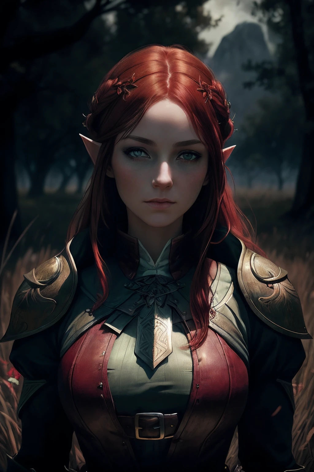 A witch with red hair and green eyes in a field, alexandra fomina artstation, stunning character art, fantasy concept art portrait, epic fantasy digital art style, DeviantArt ArtStation CGSCOSIETY, female redhead templar, hyperdetailed fantasy character, trend on artstation, detailed digital 2d fantasy art, detailed fantasy digital art, epic exquisite character art, Elf, Green eyes