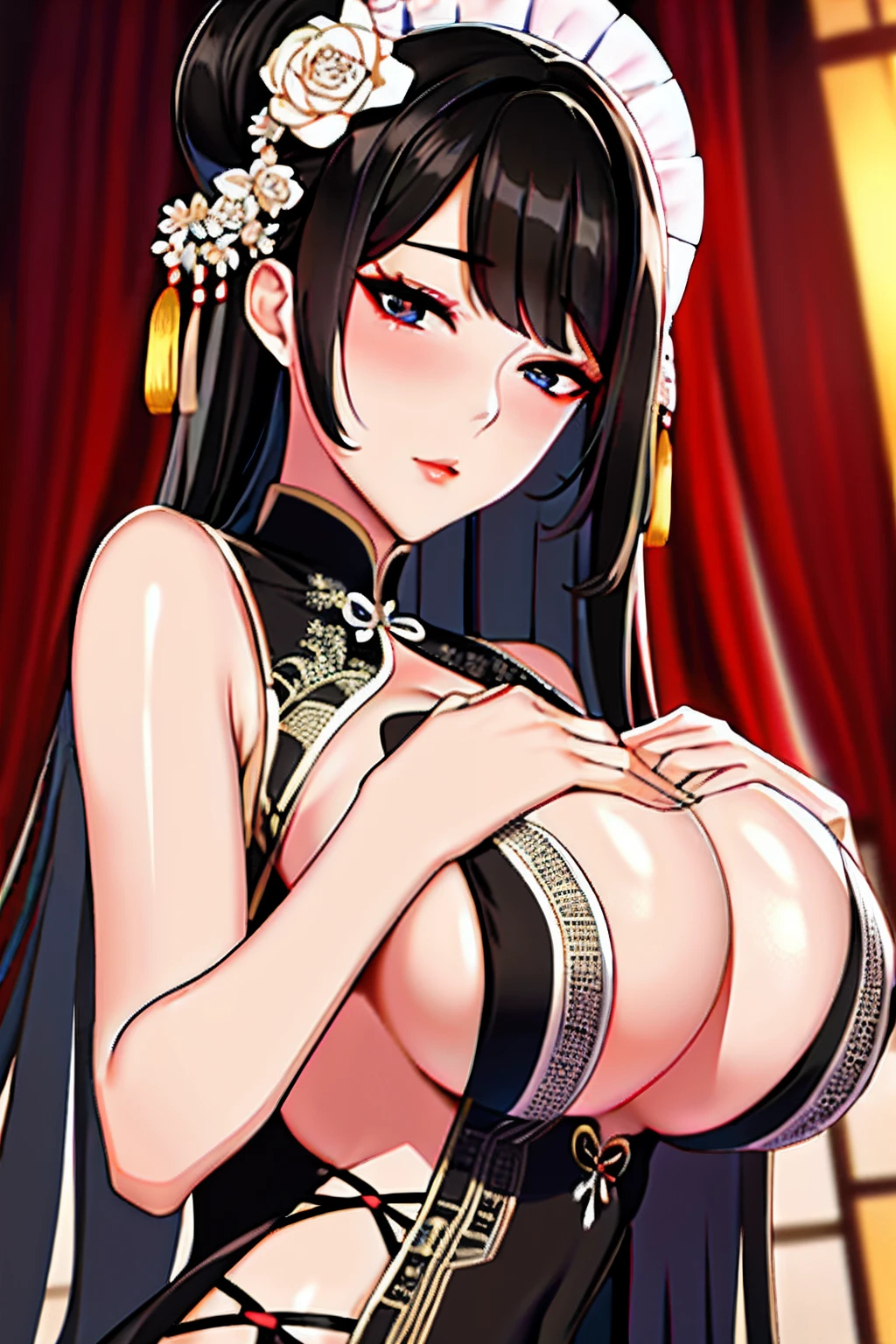 breast curtains, china dress, areola slip,(best quality:1.0), (8k wallpaper:1.0), extremely delicate and beautiful, (beautiful detailed face:1.0), (detailed deep eyes), symmetrical breasts, deep eyes, steam, shiny skin,nsfw