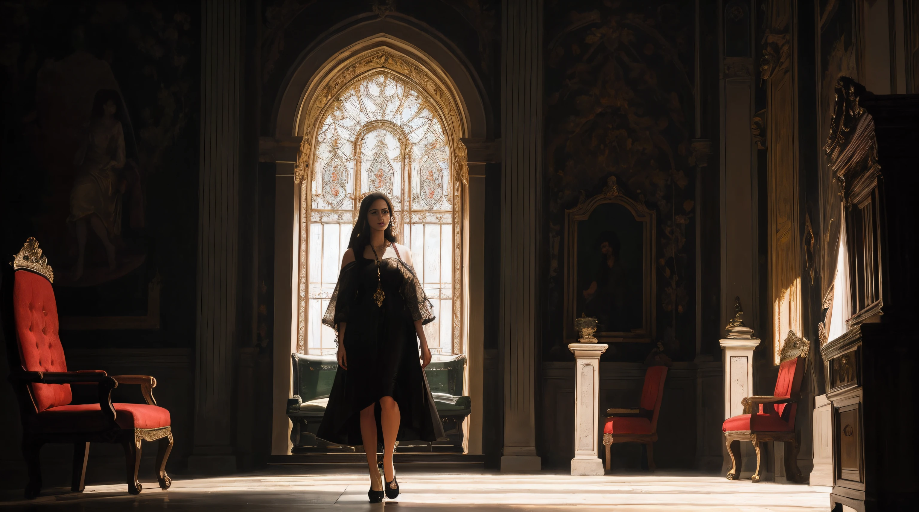 uma Foto de corpo inteiro de uma bela rainha com cabelo preto sentada um trono preto, 8k intrincado, elegante, altamente detalhado, majestoso, fotografia digital, arte de artgerm e ruan jia e greg rutkowski pintura surreal de borboleta preta filigrana, vidro quebrado (obra-prima, side-lighting, belos olhos finamente detalhados: 1.2 ), hdr