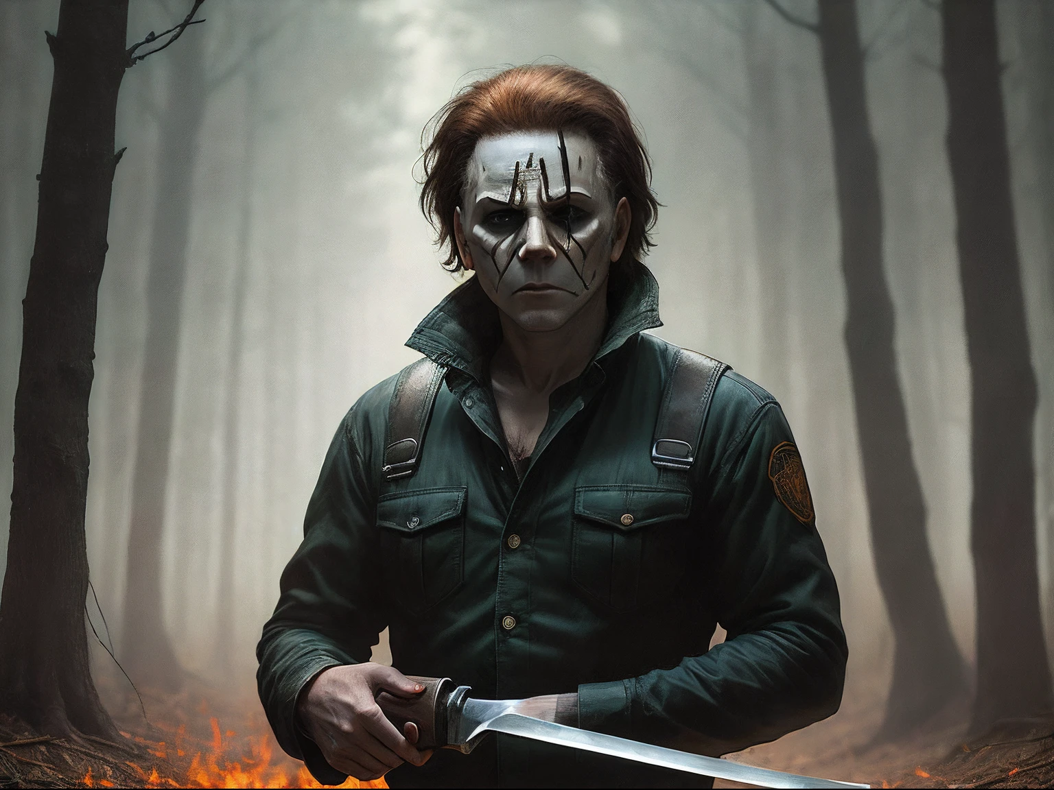 Michael Myers with machete in hand in a burning forest . best quality, master part, ultra-highresolution, (fotografia realista:1.4), surrealismo, Semelhante a um sonho,FusionArt,  magia das sombras, Darkness Control, furtividade, passo da sombra, Umbral spells, hidden blade, 8k