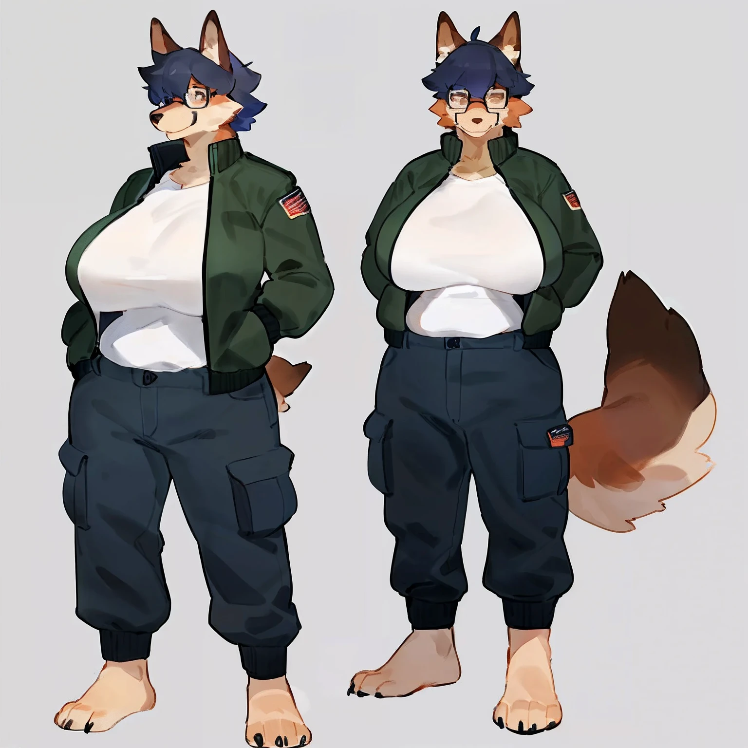 by bebebebebe, by goonie-san, by bigcozyorca, by buta99, solo, female, standing, canine, ((hair, snout)), tail, high-waisted cargo pants, zipped up bomber jacket, glasses, hands behind back, big breasts