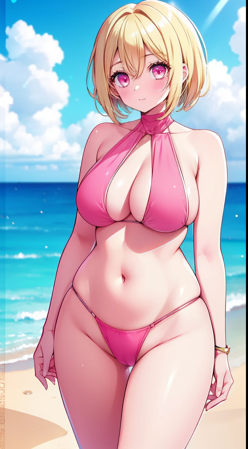 Girl, Short Shoulder Length Blonde Hair, Pink Bikini, Pink, wide hips, chubby thighs, hourglass figure, beach background, full round stomach