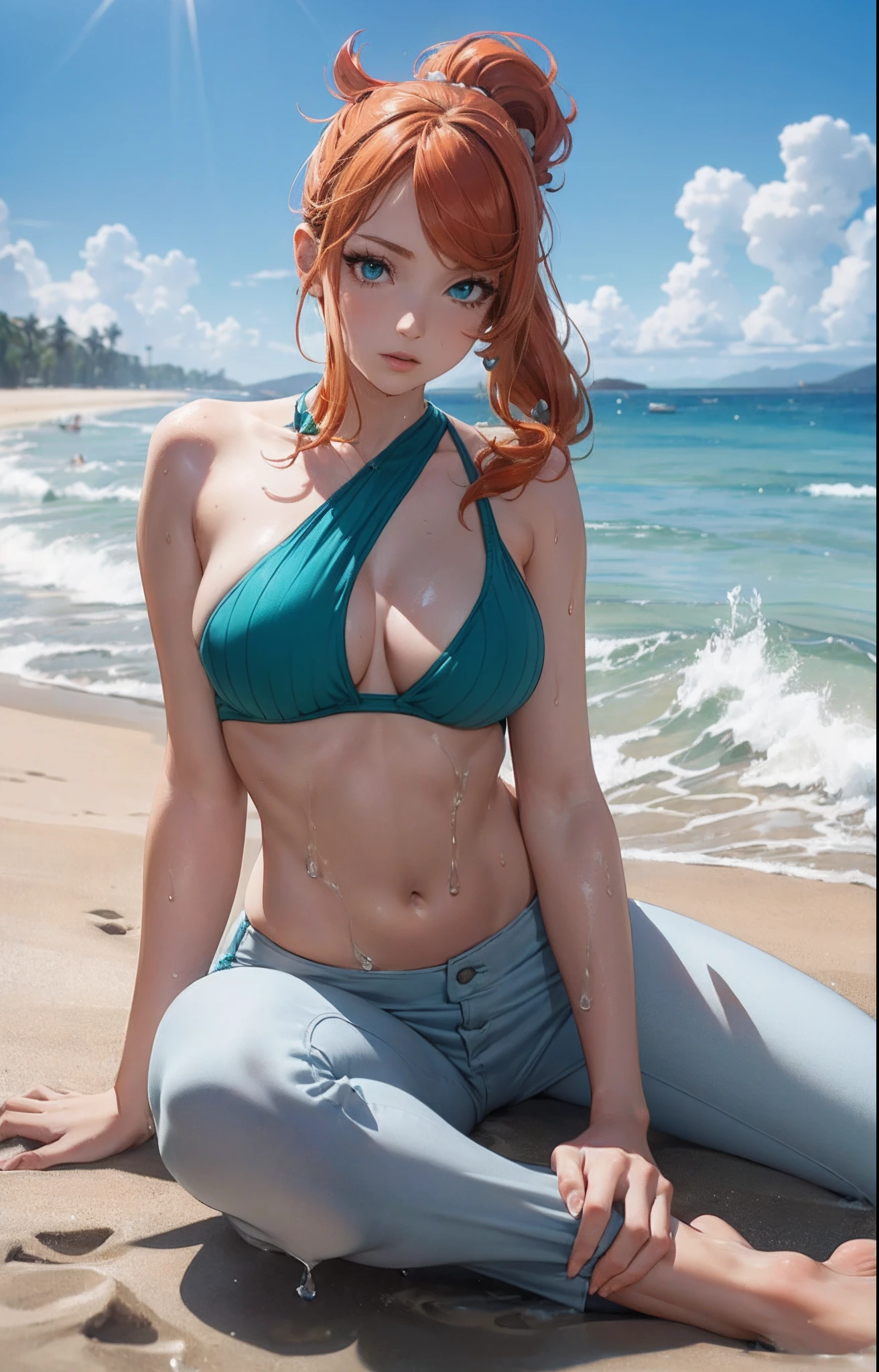 masterpiece, extremery magnificent view, perspective, extremery best quality, extremery detailed CG, 8k wallpaper, high resolution, highly detailed face, highly detailed eyes, perfect anatomy, super detailed skin,
(dynamic angle, dynamic pose:1.2), outdoors, sandy beach, soothing waves, (portrait, legs focus, full body), (beautiful face, beautiful eyes, beautiful legs:1.3), in the water, wet,
1 girl, solo, sonia, (bikini top), (pants:1.3), large breasts, orange hair, side ponytail, heart hair ornament, (barefoot), aqua eyes, skinny, slender, wide hips, thin waist