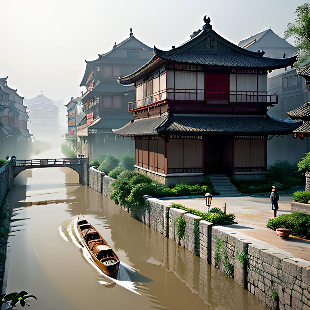 a ultra-realistic CG rendering of architectural style of the Jiangnan region,an ancient and nostalgic atmosphere,a small river runs through the center of the water town,traditional buildings and stone streets line the banks of the river,the water town is shrouded in mist,raining,pedestrians are walking with umbrellas on the street,a quiet and romantic ambiance