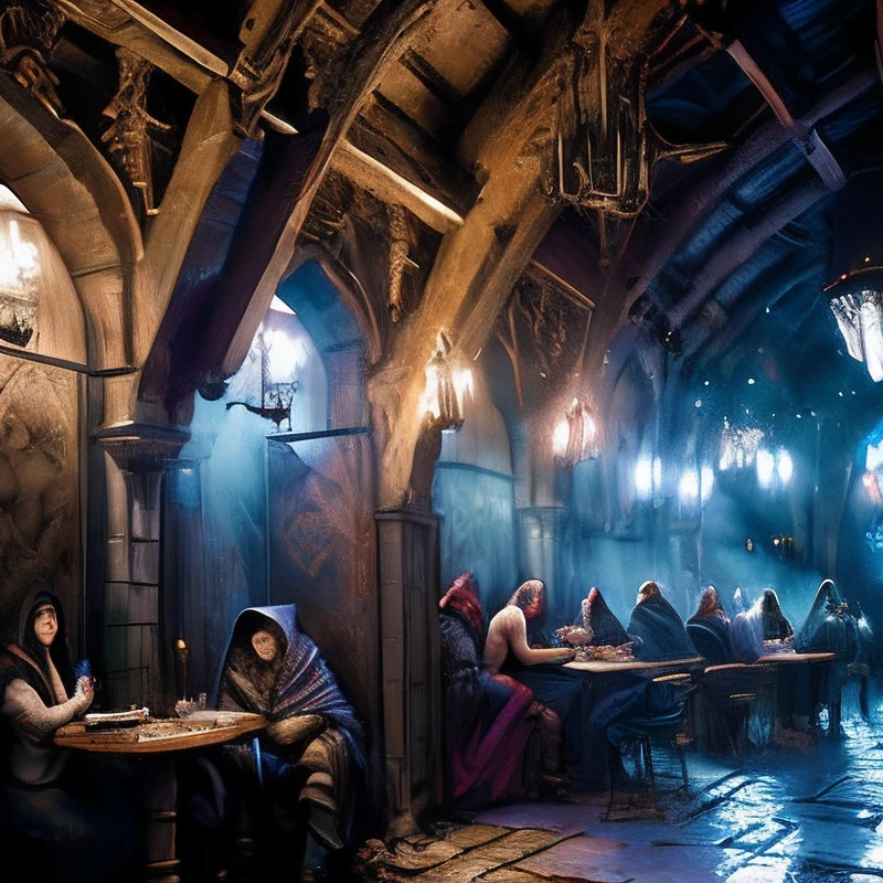 Make me a medieval pub with a hooded one in the middle of the pub telling a story with dolls and a bard next to him playing and singing with the story of the mysterious hooded man, several round tables, com homens bebendo e rindo.
(melhor qualidade) (hiperdetalhado), (8k), (smooth cinematic image), (Adobe Lightroom), (photographic lab), (desbotado), (arte de greg rutkowski e artgerm), (cores pesadas: 1.2), (HDR: 1,4), (Cores sombrias: 1.2), (art-station:1.4), (luzes quentes), (dramatic light), (detalhes azul, BEGE, vinho e vermelho neon: 0.4)
