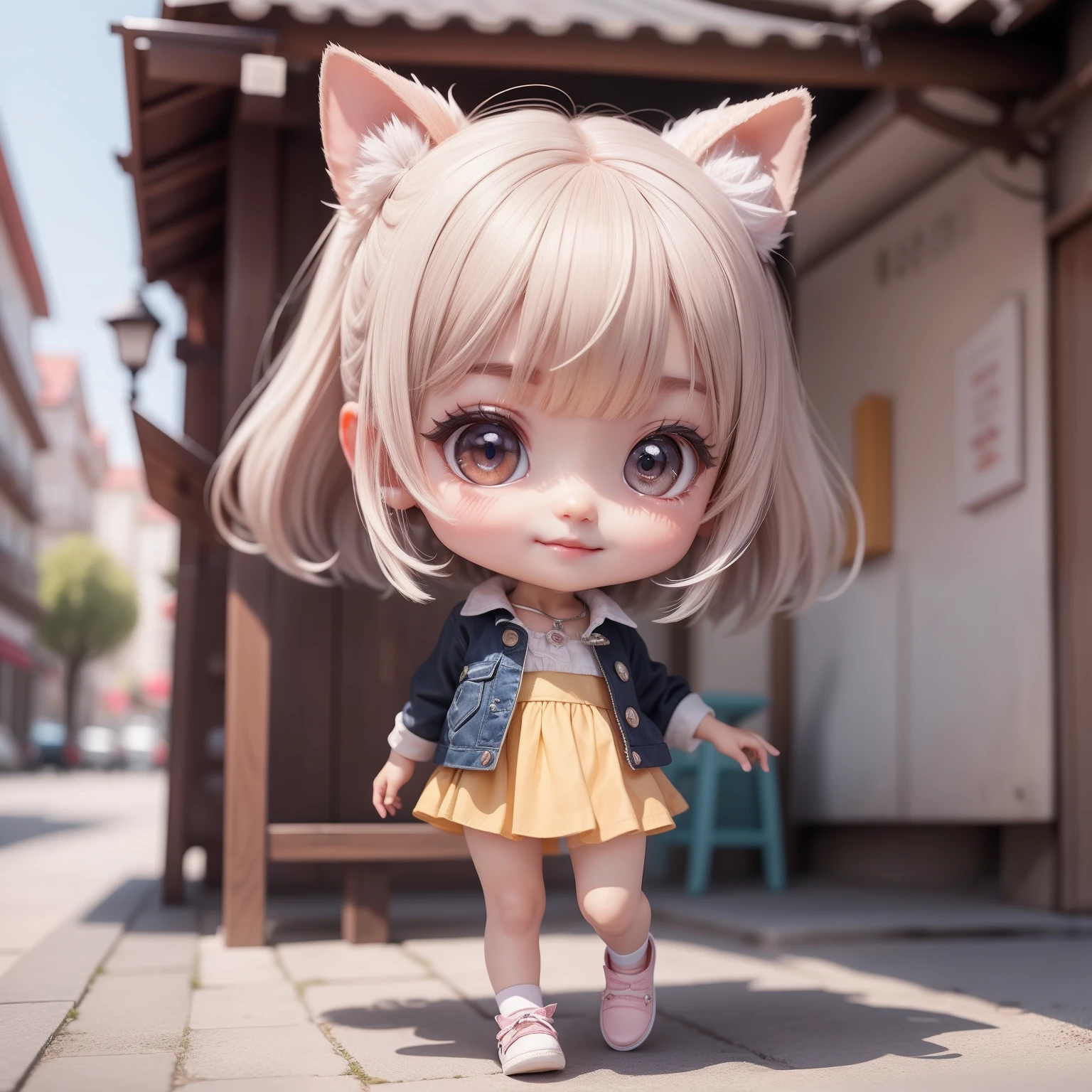 Cute Chibi Anime,(((Super masterpiece、top-quality、ultra-detailliert、1 girl in、Chibi:1.5)))、Fashionable Chibi、fashion modell、Wearing a white shirt and gray long gilet,espadrilles、Fashionable city background、outside of house、The best smile、Looking at the camera,A detailed face、Dark skin、highdetailskin、White Sauvage Hair、(Chibi:1.4)、