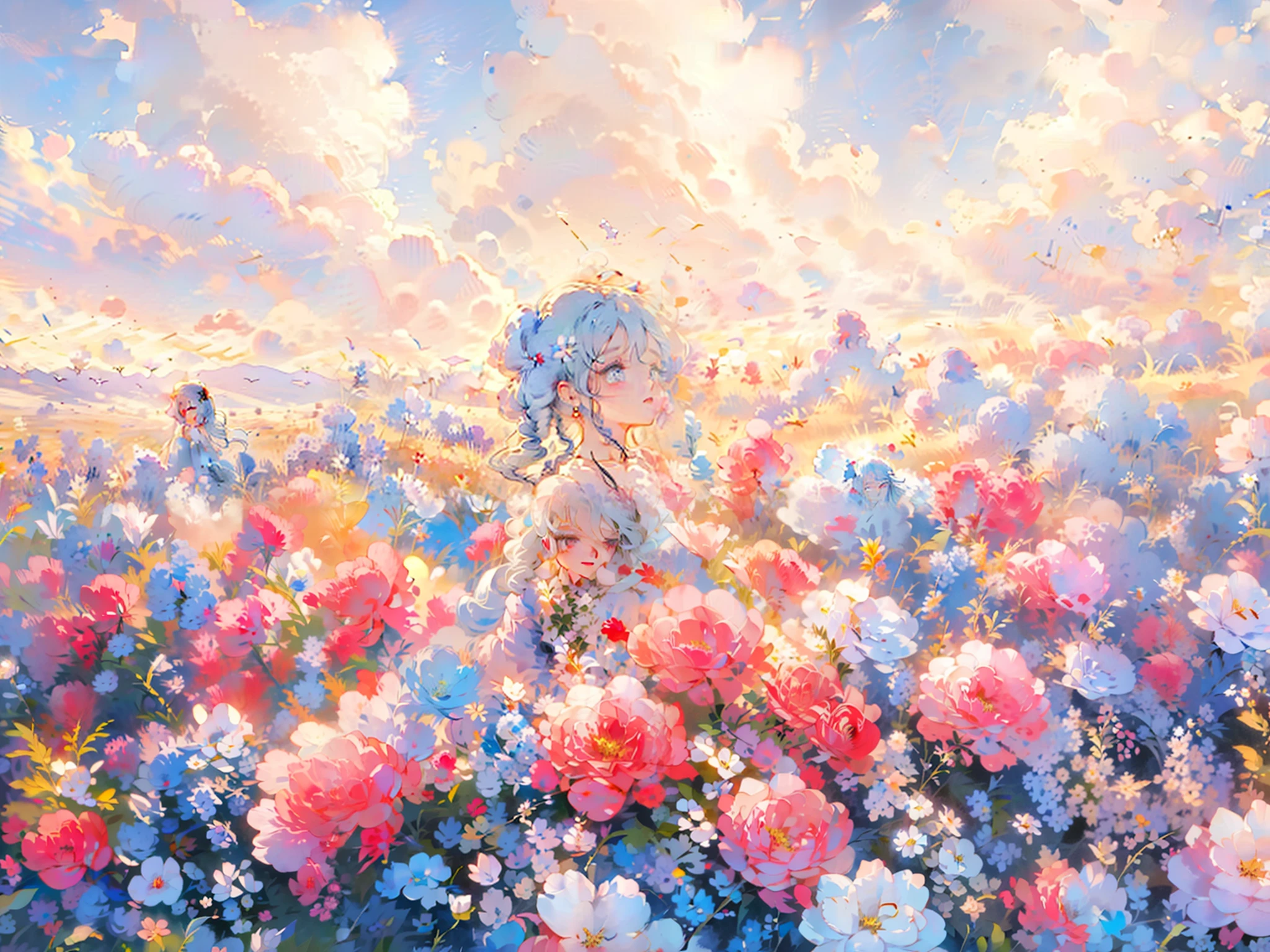 Holographic long haired anime girl,golden curly long hair, shining blue eye,white haired deity, ultra detailed, painting between of flower field ,beautiful anime goddess,goddess of rainbow,goddess of colour, anime fantasy girl,cute blue dress,cute anime waifu in cute dress,beautiful and delicate, anime fantasy art,anime fantasy background, 8k detailed high quality fantasy artwork, flower field background,clear sky background with rainbow, fantasy artwork, beautiful n delicate, colourful artwork, detailed background,full body,painting pose,holding painting brush