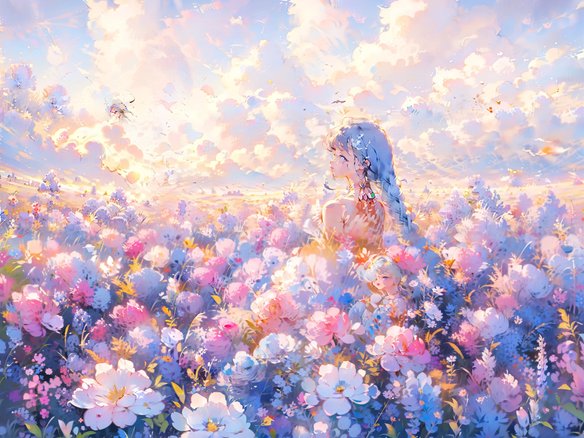 Holographic long haired anime girl,golden curly long hair, shining blue eye,white haired deity, ultra detailed, painting between of flower field ,beautiful anime goddess,goddess of rainbow,goddess of colour, anime fantasy girl,cute blue dress,cute anime waifu in cute dress,beautiful and delicate, anime fantasy art,anime fantasy background, 8k detailed high quality fantasy artwork, flower field background,clear sky background with rainbow, fantasy artwork, beautiful n delicate, colourful artwork, detailed background,full body,painting pose,holding painting brush