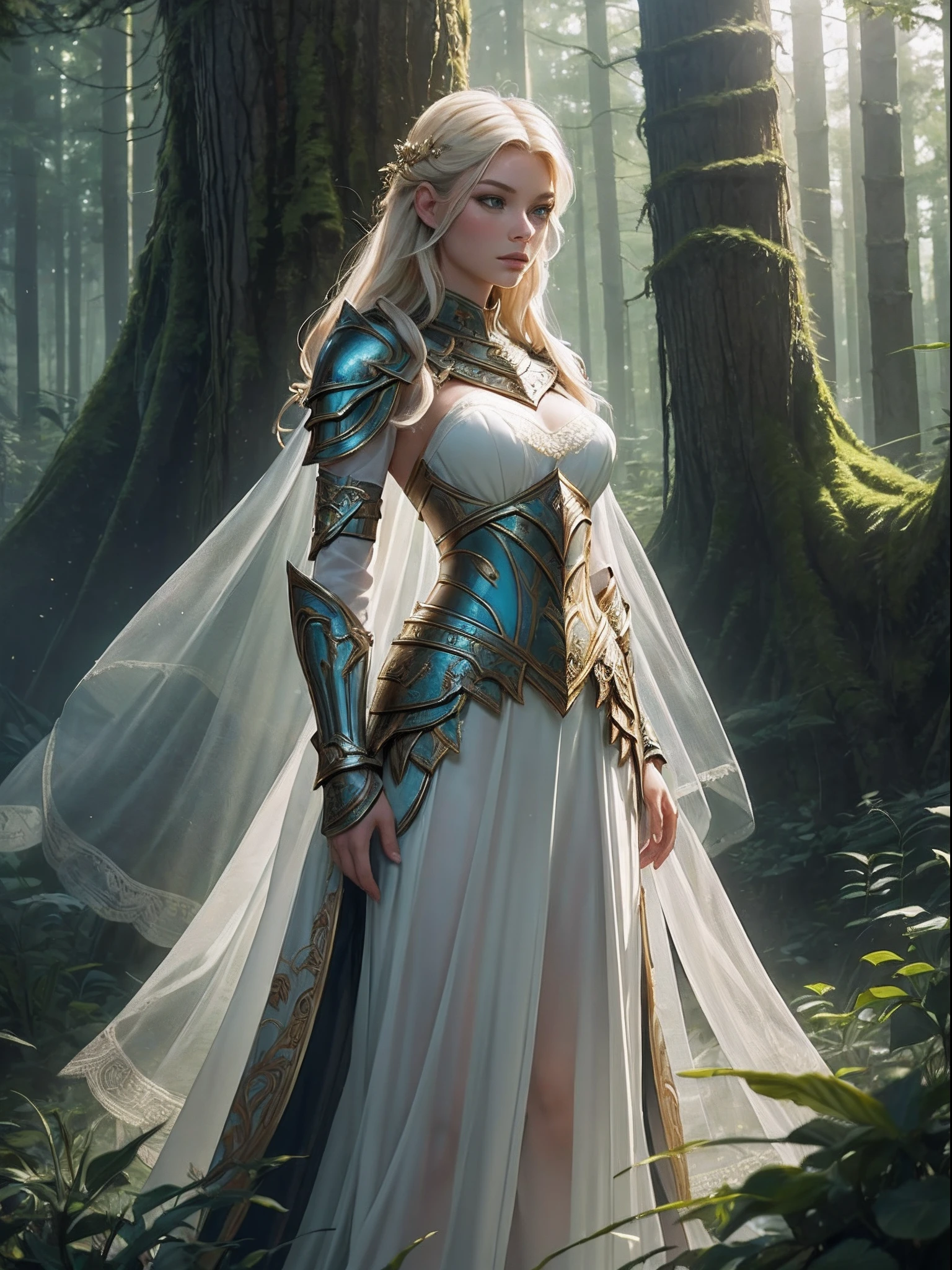 "(Captivating Astrid: 1.3), (beauty+powerful: 1.2), (intricately crafted armor: 1.1), (stands tall+confidently), mystical woodland, gentle ethereal glow"