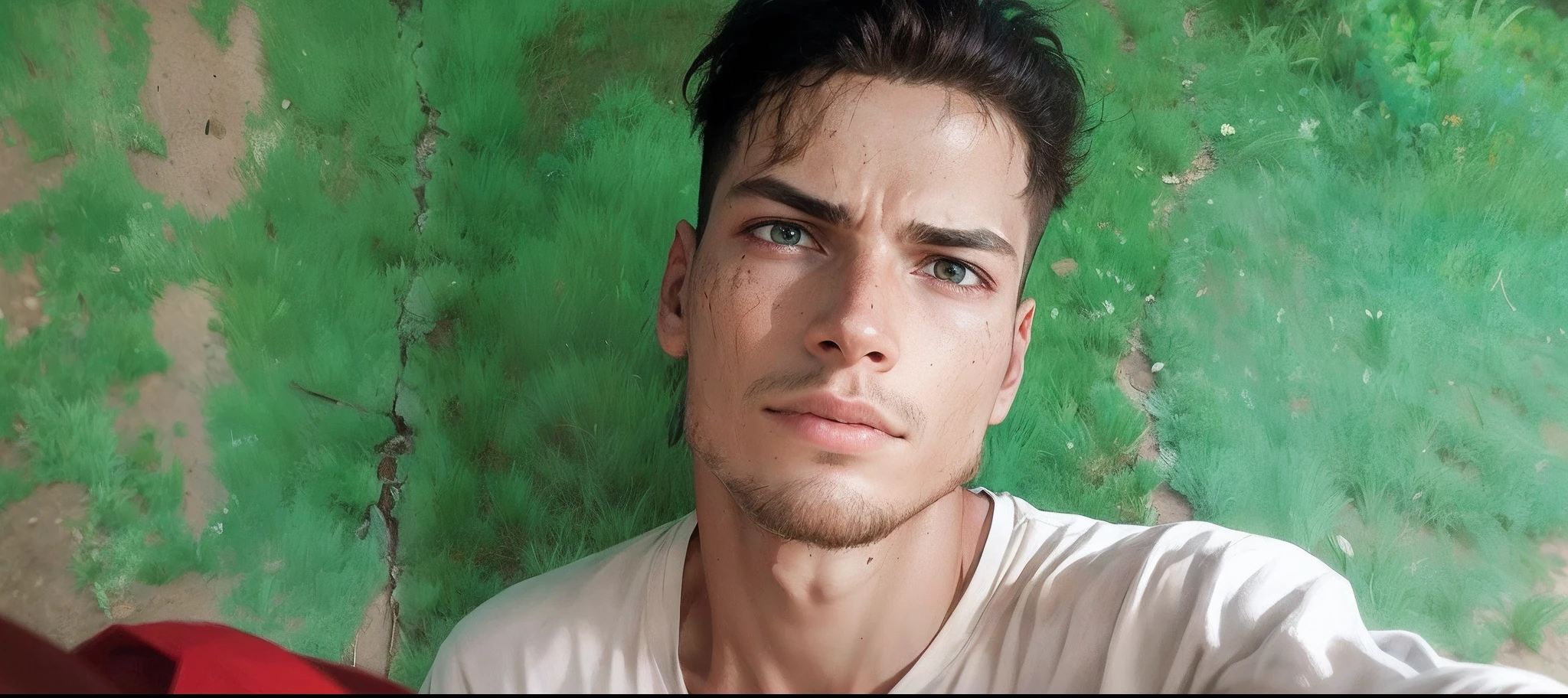 Skinny young man, with downcast face, walking down a road, (open field) realistic 8k, dirty and torn clothes hair fulfilled torn t-shirt dirty face messy hair change background