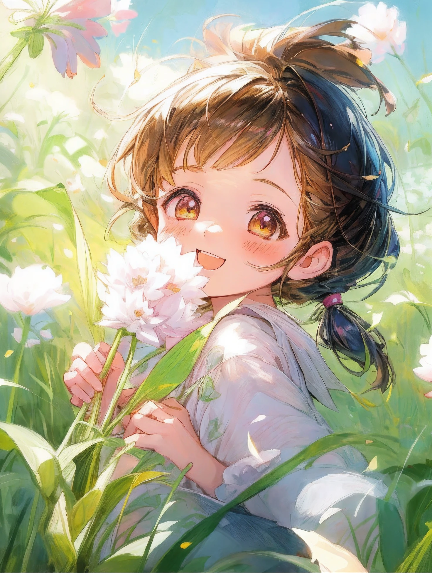 a girl holding a dandel in a field of flowers, cute anime girl, cute , smiling, happy,anime visual of a cute girl, soft anime illustration, cute anime, cute digital art, cute detailed digital art, cute natural anime face, young anime girl, cute anime girl portrait, beautiful anime girl, realistic cute girl painting, beautiful anime portrait, anime picture