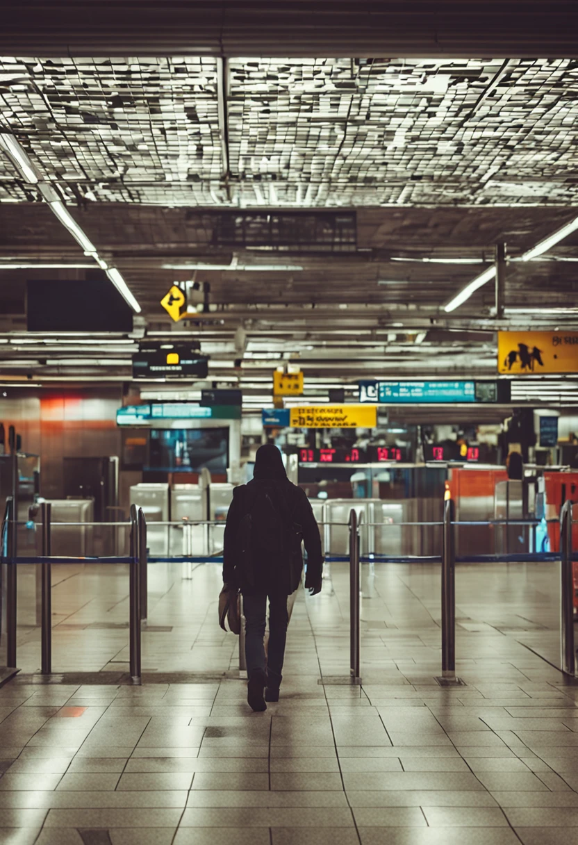 There is a person walking through an airport terminal with luggage, aeroporto, Em Espanha, in a subway, Pessoa encapuzada obscurecida andando, Filmagens de baixa qualidade, video still, taken in the early 2020s, imagem de qualidade muito baixa, low quality video, people walking through, foto de perfil 1024px, walking away from camera