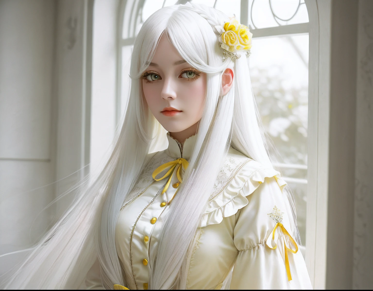 Girl with long white hair, Light yellow edging, Beautiful yellow eyes and white eyelashes, She wears a red Victorian dress.,