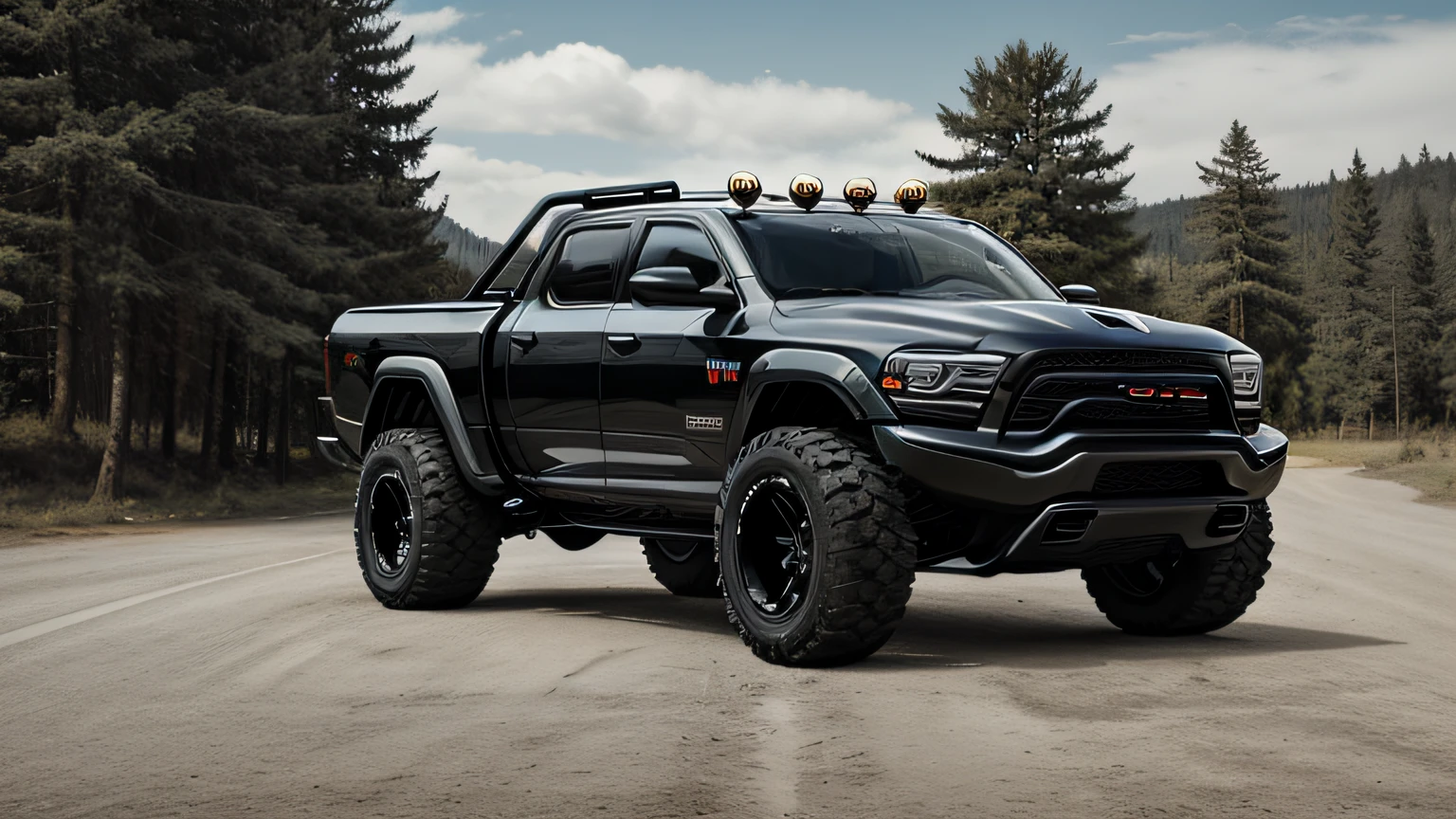 Custom Dodge Ram Vehicle, Big Tires, Blurred Background, Hyper Realistic, Aura, Trees Background, Print Ready, Vibrant, Stunning, Ground Street, Farm Scenery
