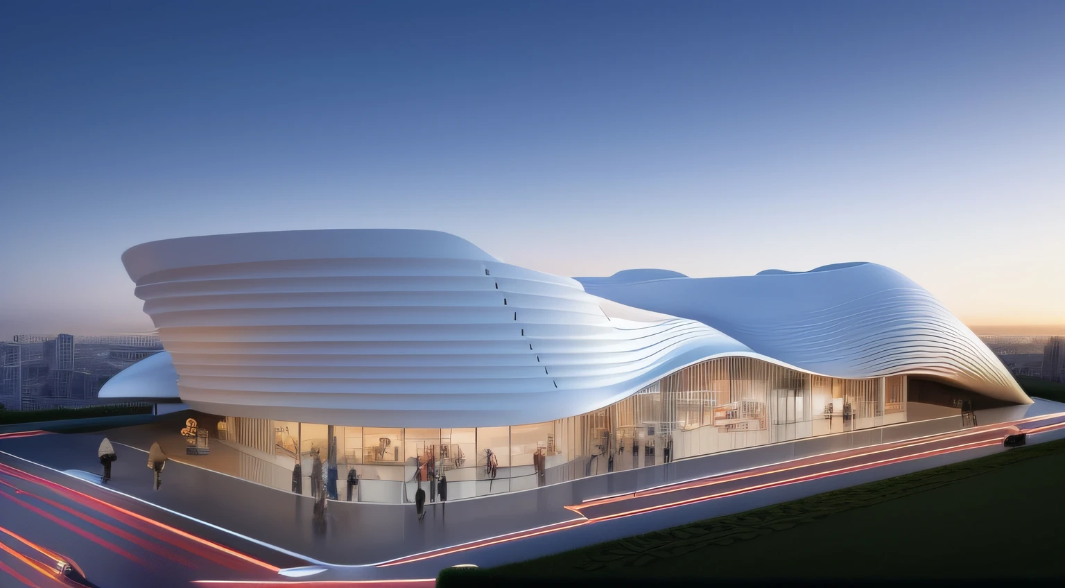 Design a cinema building looks like popcorn, futurism, zaha Hadid's style,cinema facade,3d,render,modern building,cinema,landscape,parking, top view