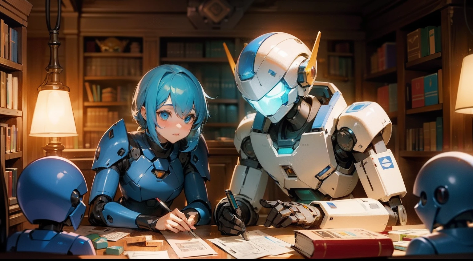 make an image of a nice and cute robot playing tabletop RPG with a human, they are sitting facing each other, the human is rolling the dice, cozy atmosphere, lots of books, rich in details, colorful, vibrant, amazing lighting